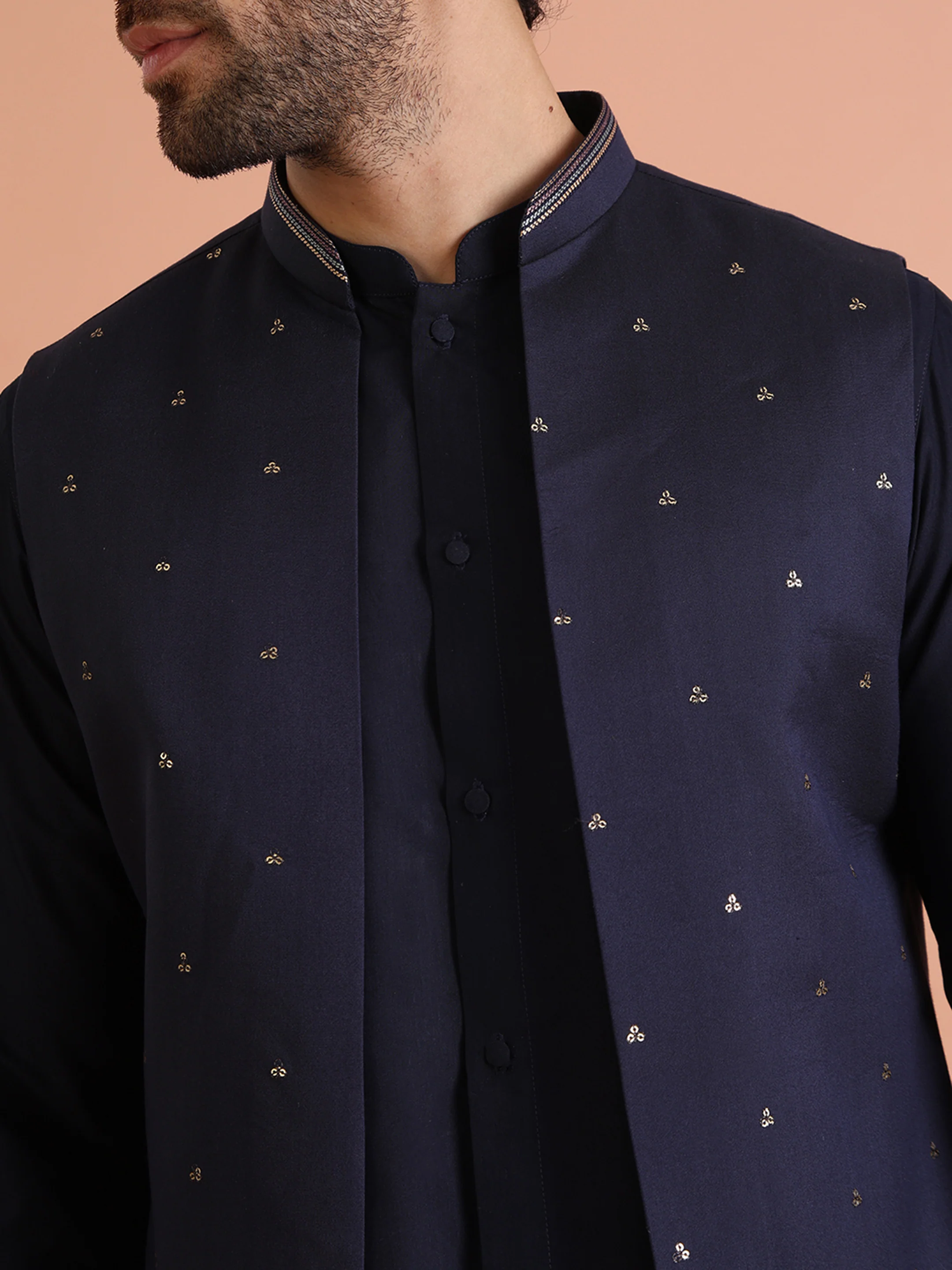 Navy Blue Thread Work Nehru Jacket Kurta Set - Image 5