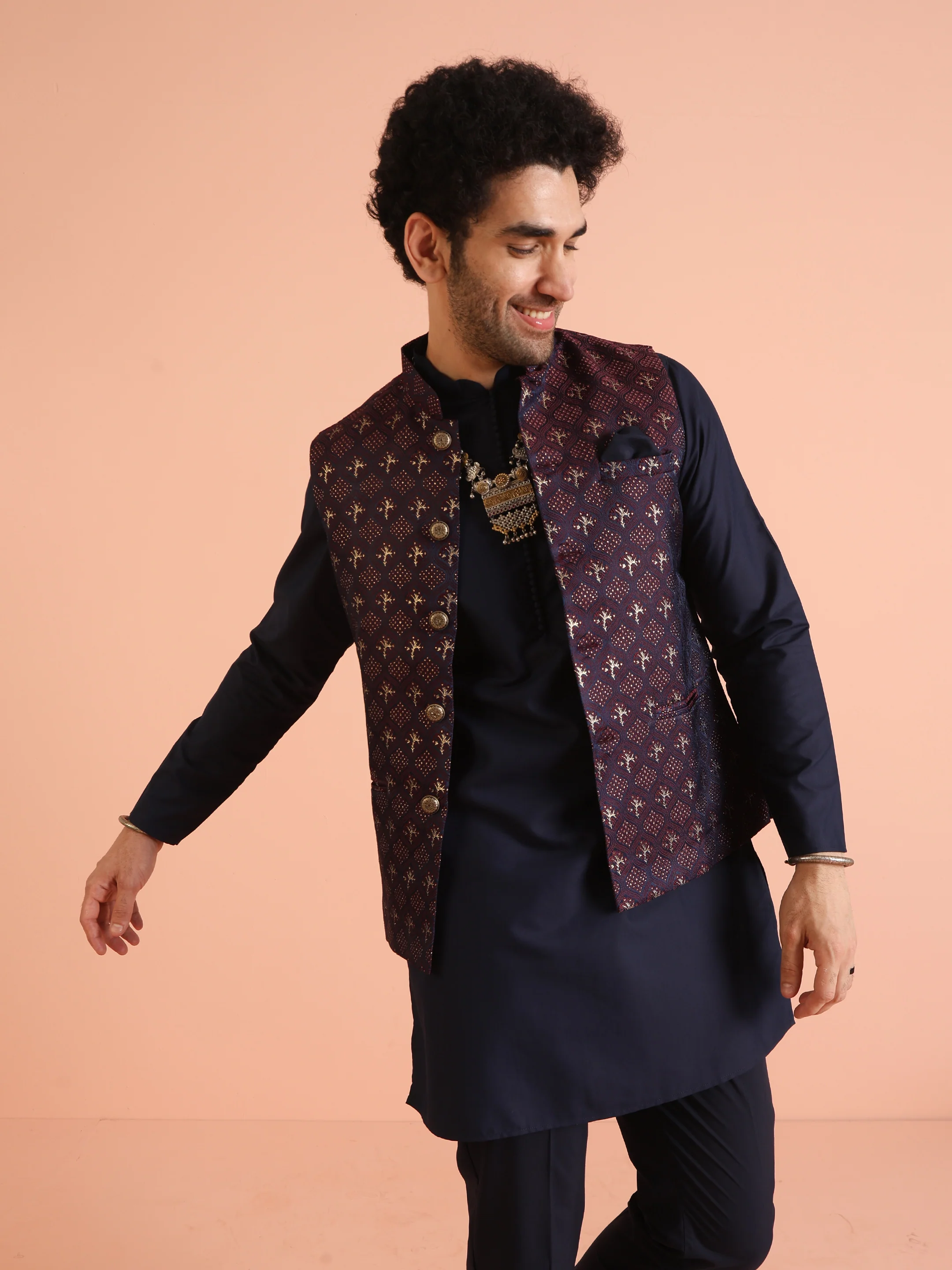 Navy Kurta with Maroon Woven Nehru Jacket Set