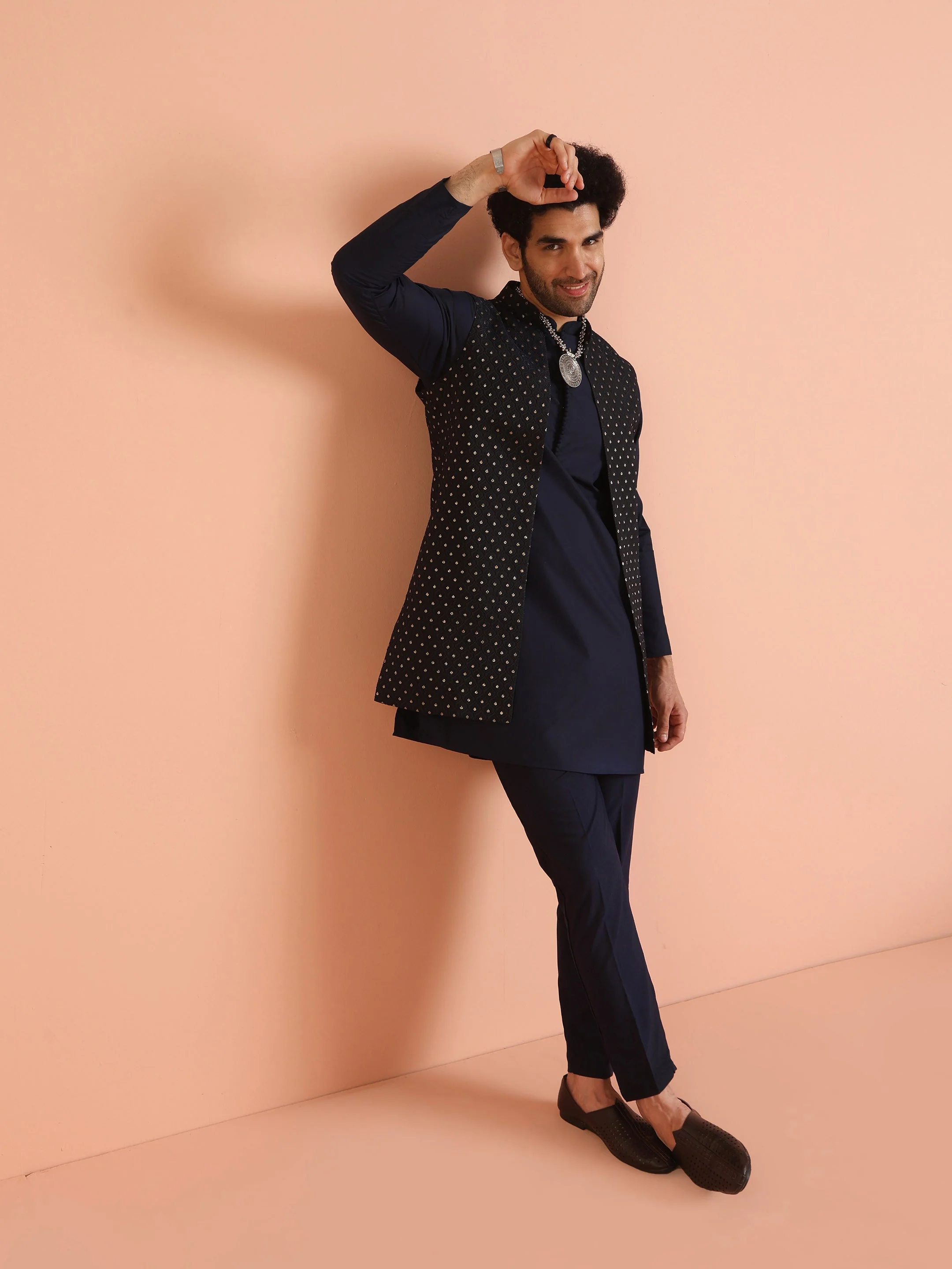 Navy Blue Woven Jacket Kurta Trouser Set - Image 10