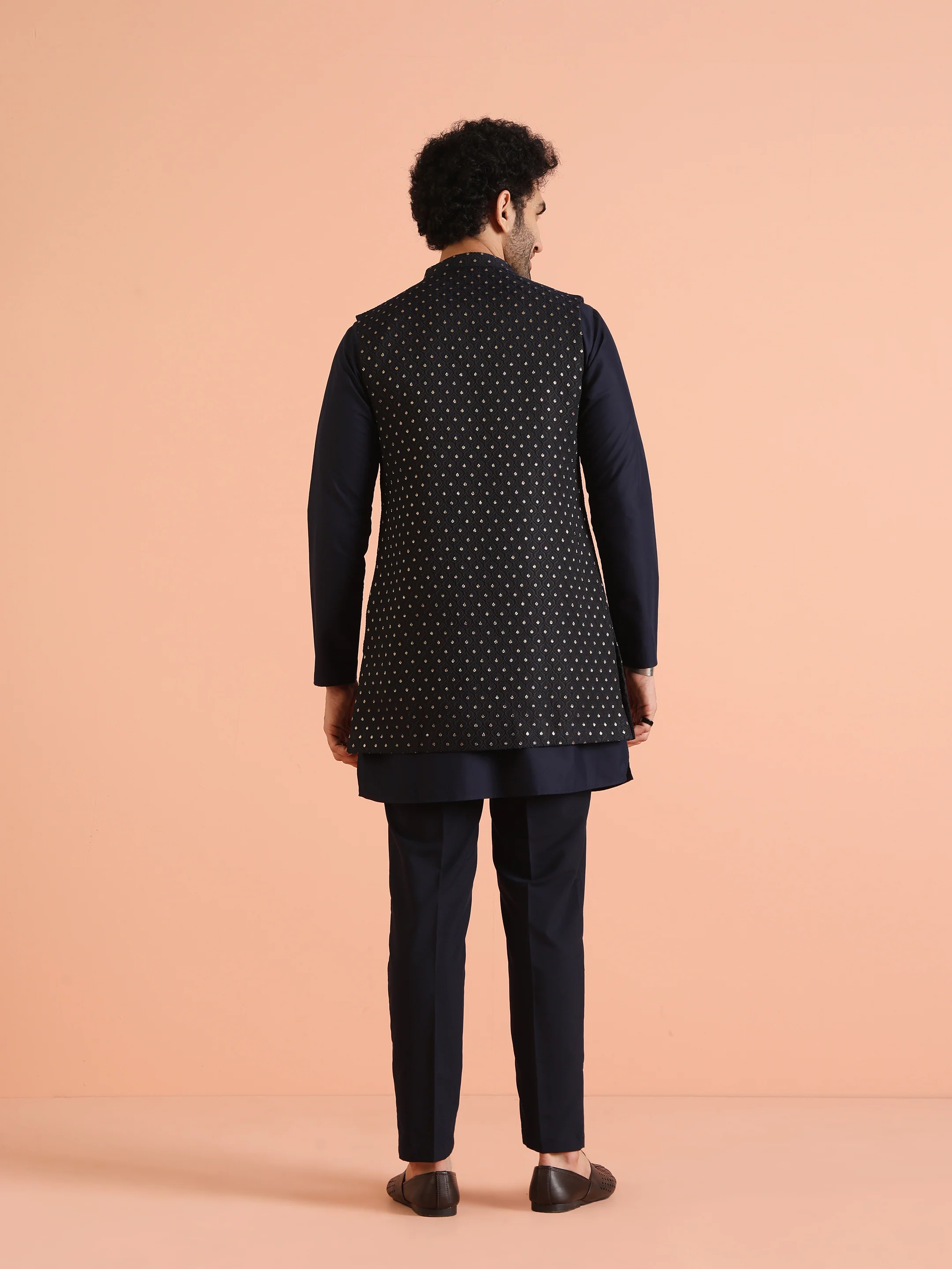 Navy Blue Woven Jacket Kurta Trouser Set - Image 4