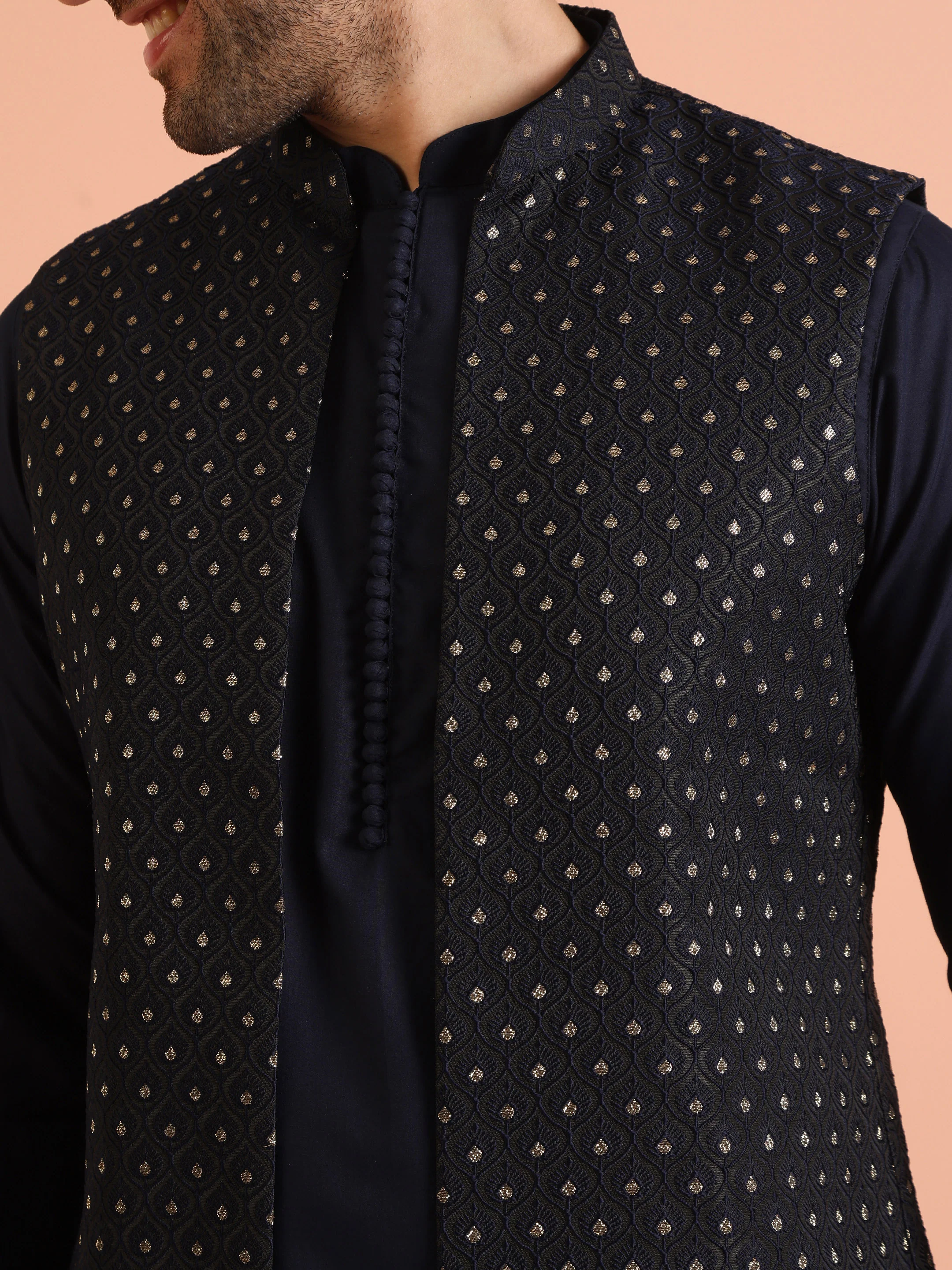 Navy Blue Woven Jacket Kurta Trouser Set - Image 5