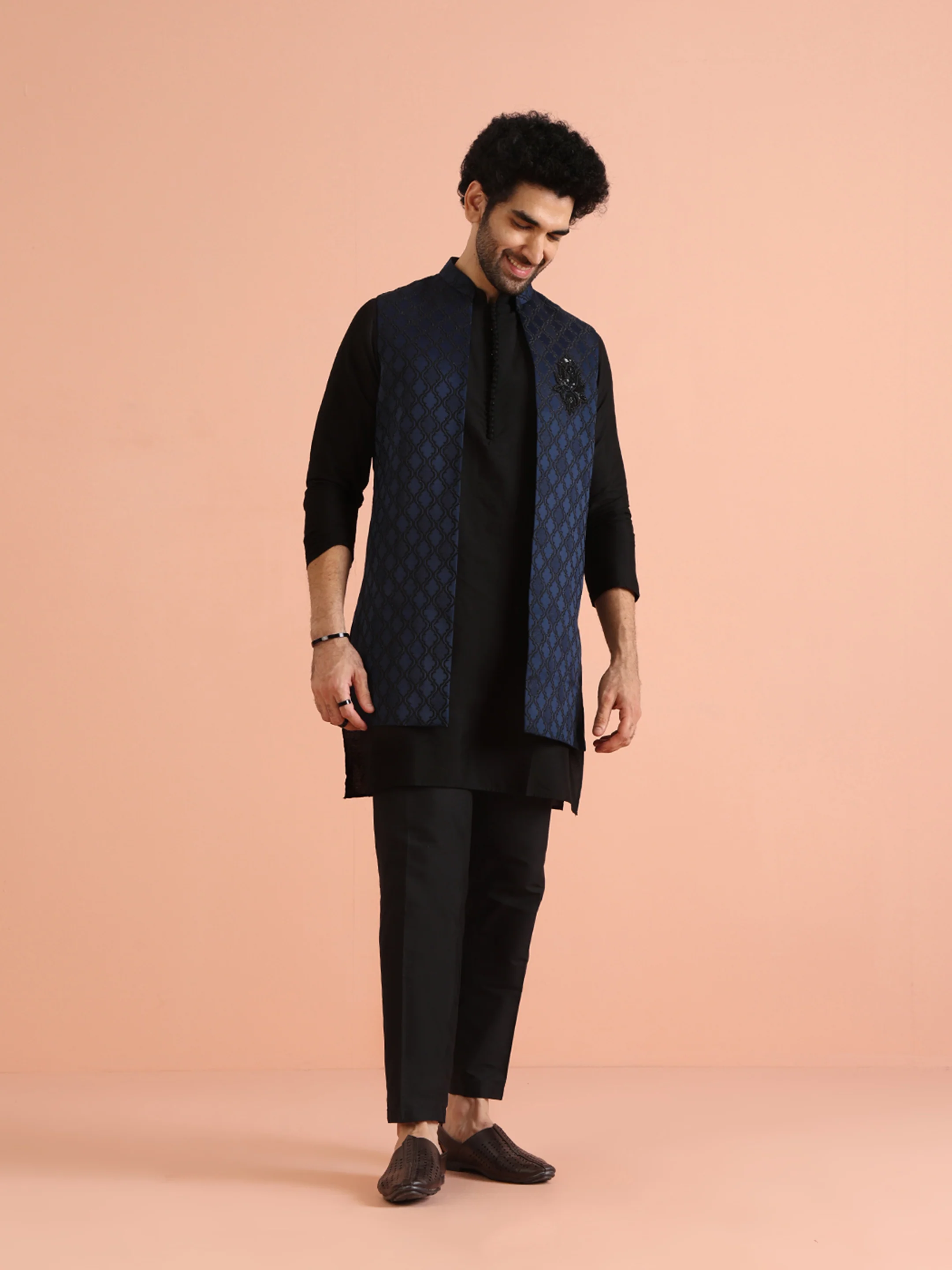 Navy Blue Woven Jacket Kurta Trouser Set