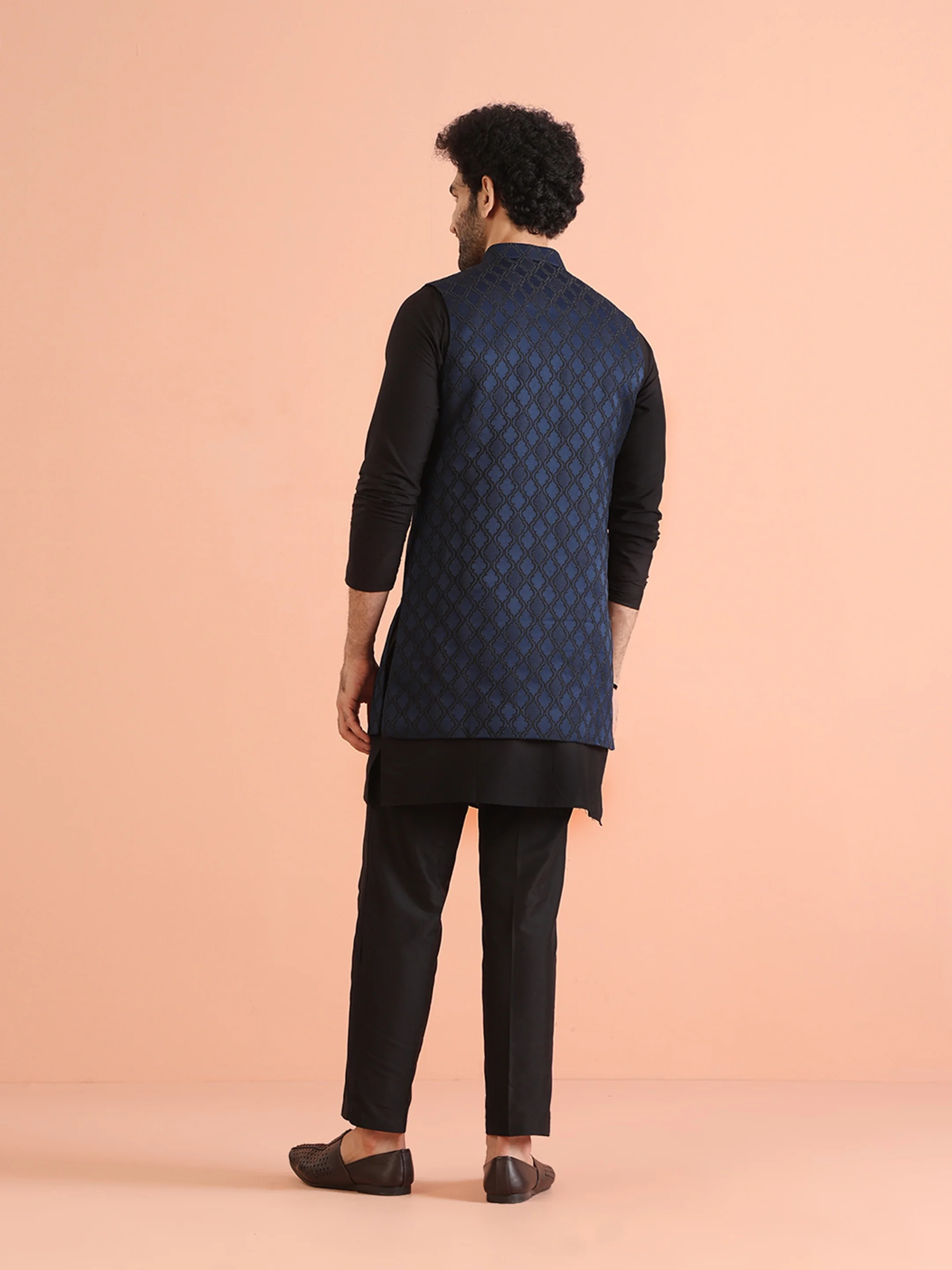 Navy Blue Woven Jacket Kurta Trouser Set - Image 4