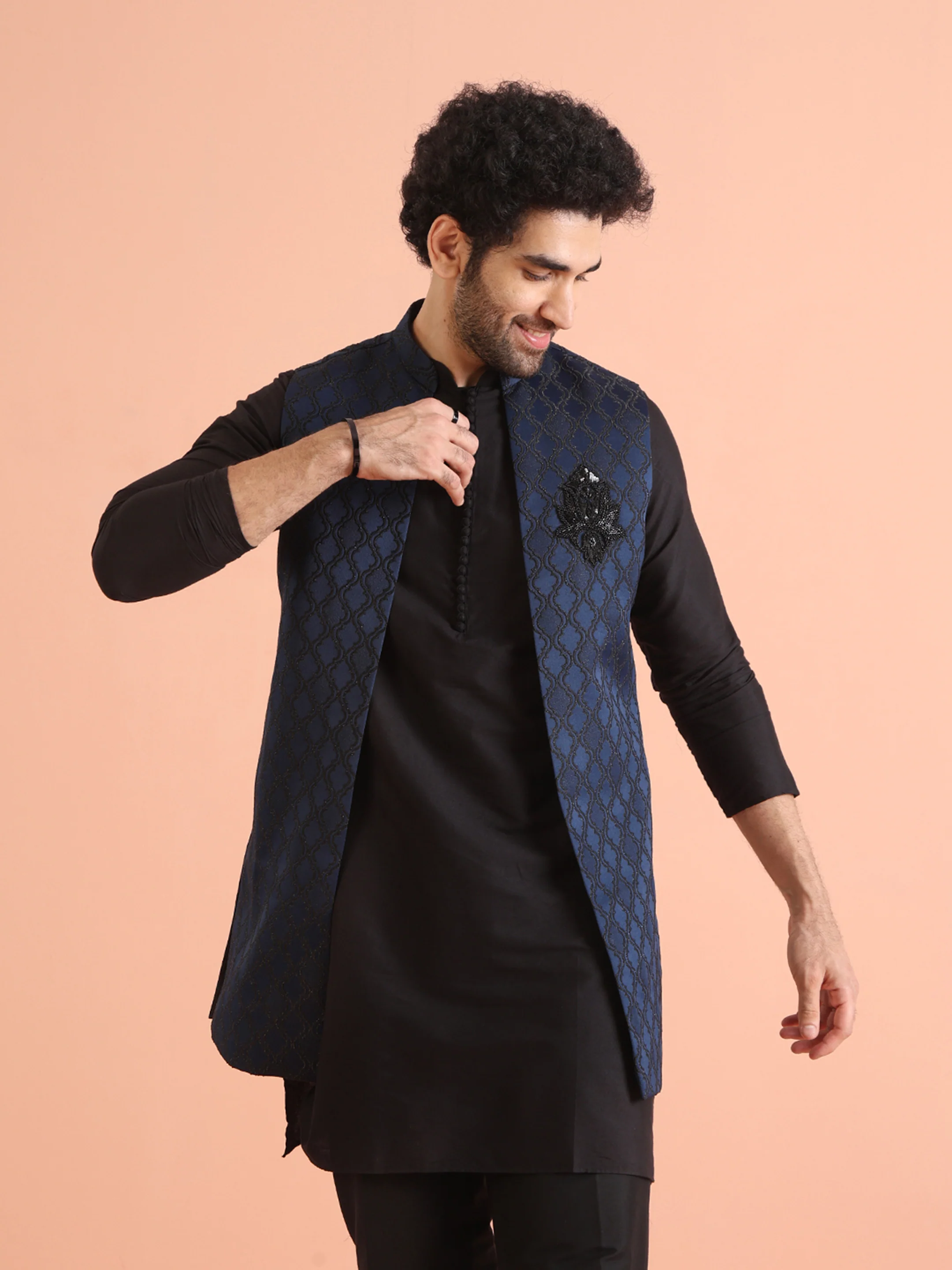 Navy Blue Woven Jacket Kurta Trouser Set - Image 8