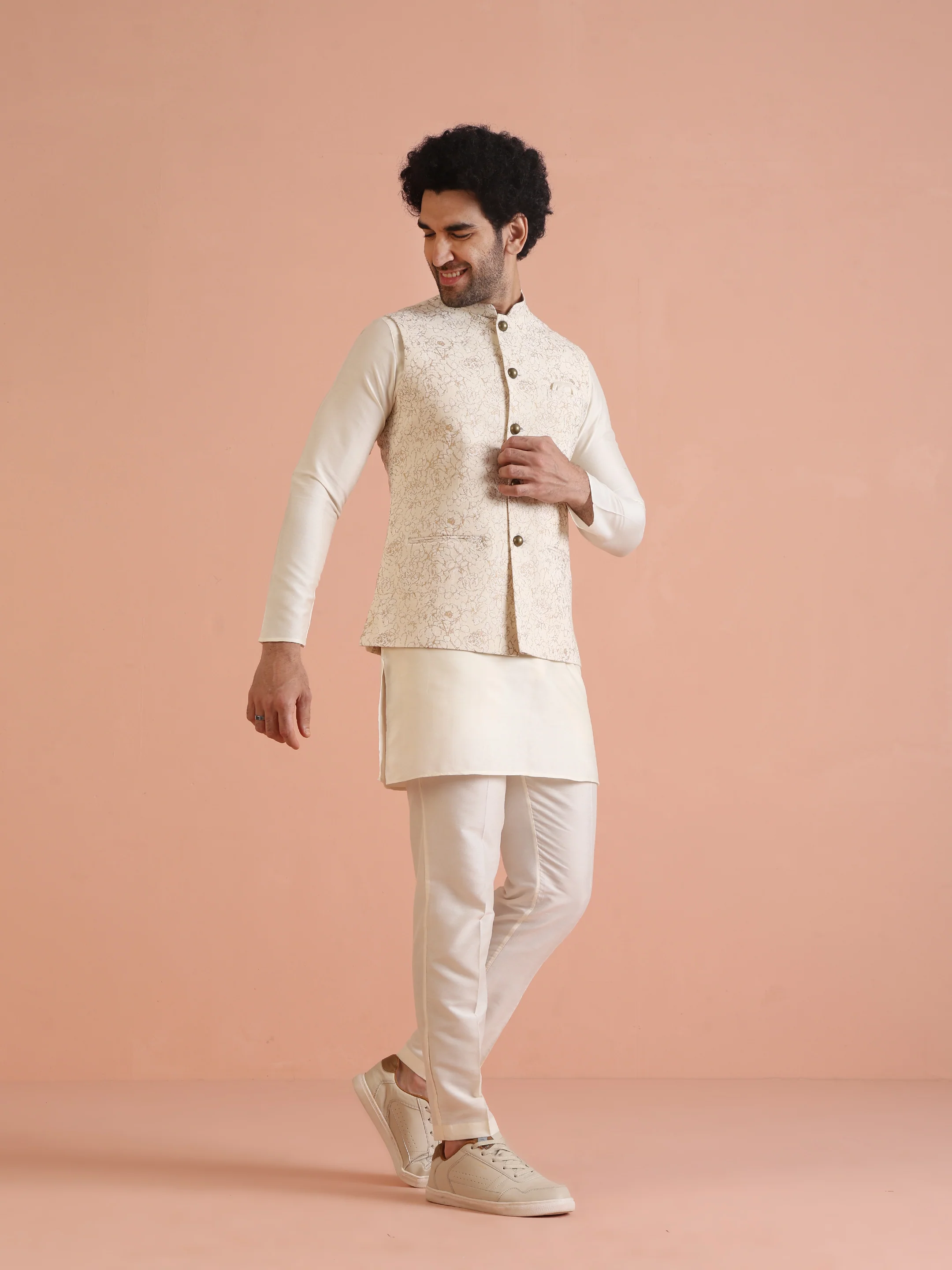 Off-White Floral Print Jacket Set with Kurta & Trouser - Image 2