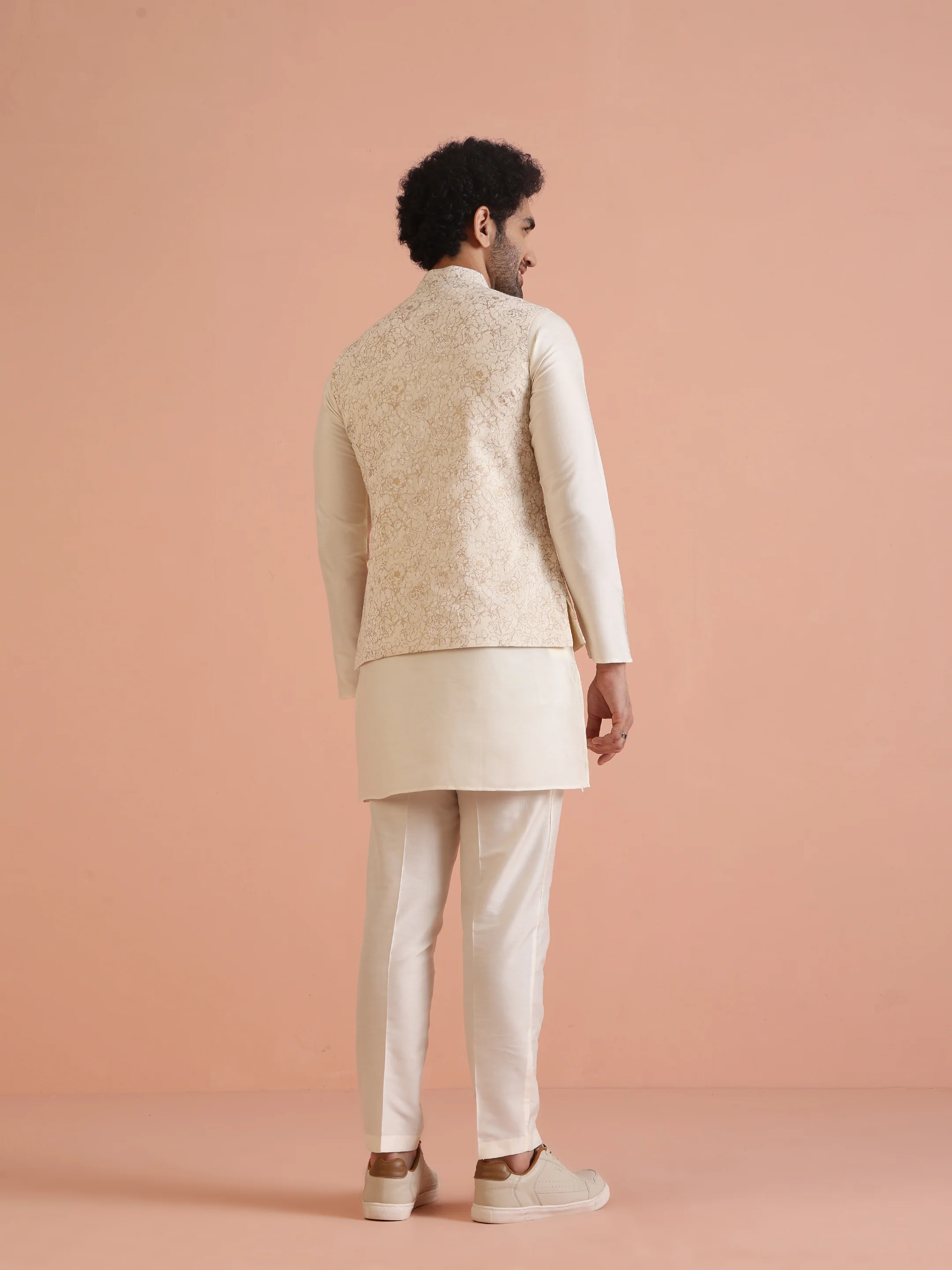 Off-White Floral Print Jacket Set with Kurta & Trouser - Image 4