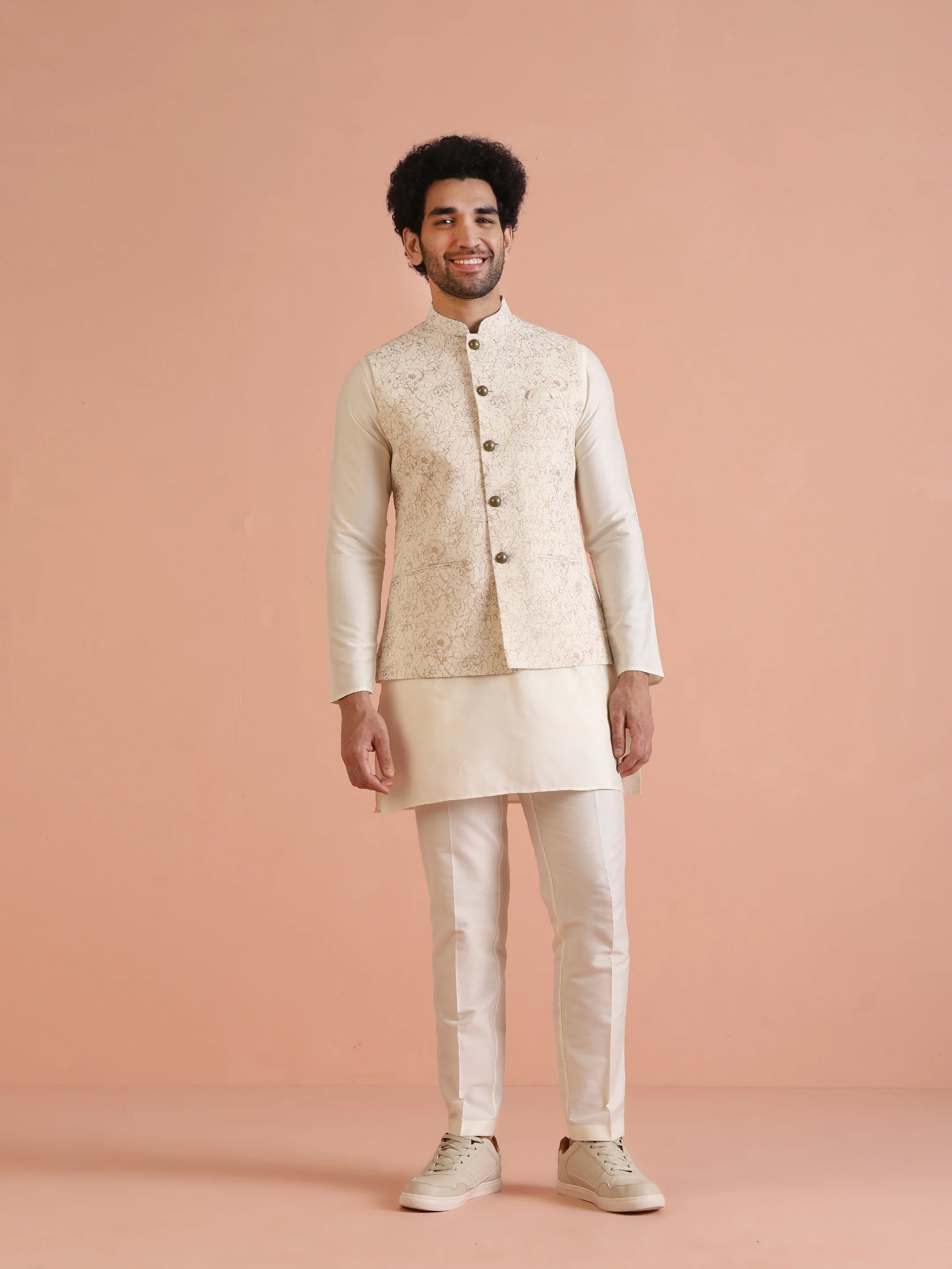 Off-White Floral Print Jacket Set with Kurta & Trouser - Image 8