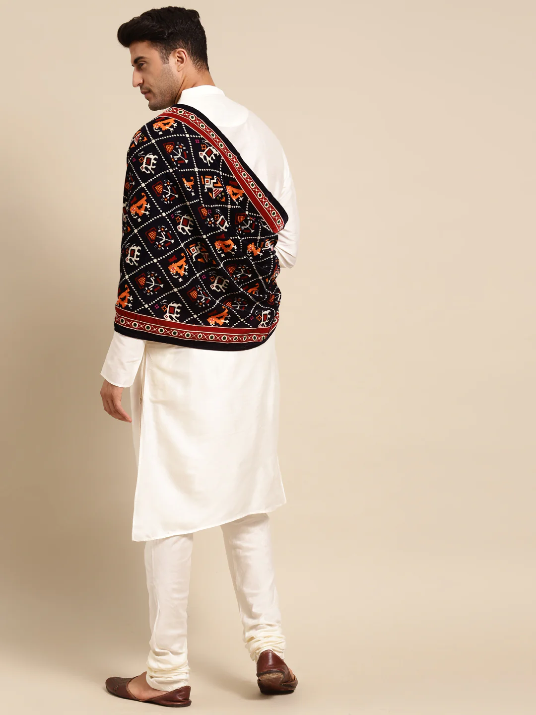 White Silk Blend Kurta Churidar with Printed Dupatta - Image 3