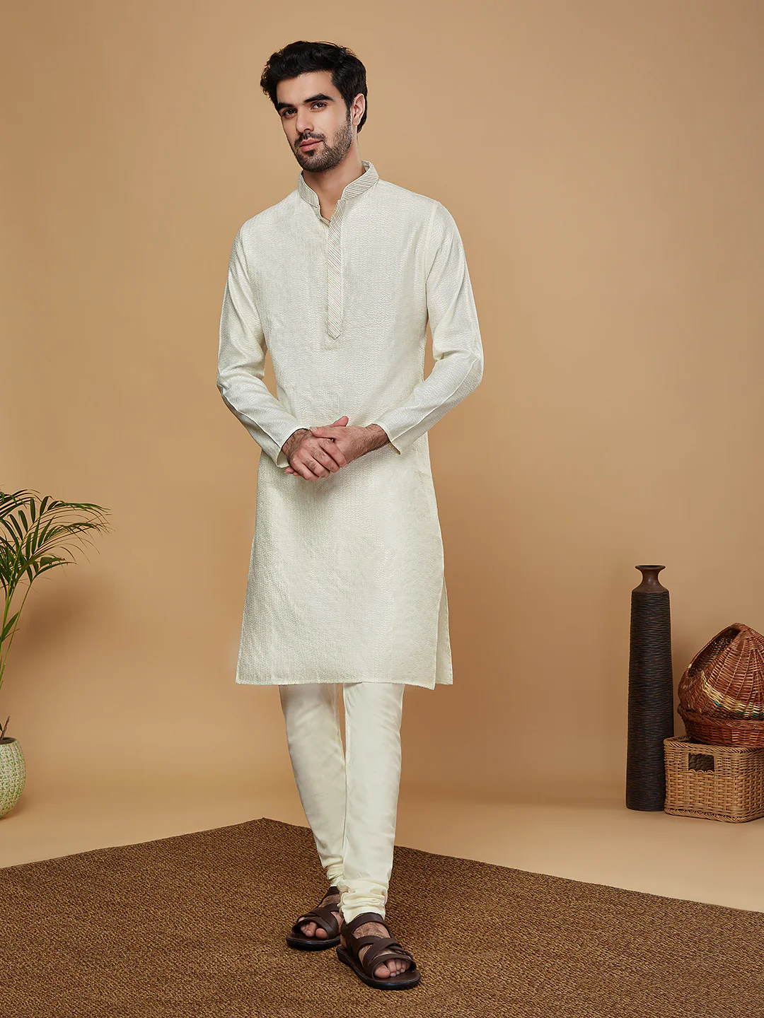 Men Off White Woven Design Thread Work Kurta Churidar Set