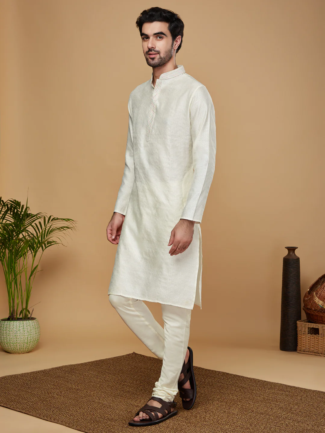 Men Off White Woven Design Thread Work Kurta Churidar Set - Image 2