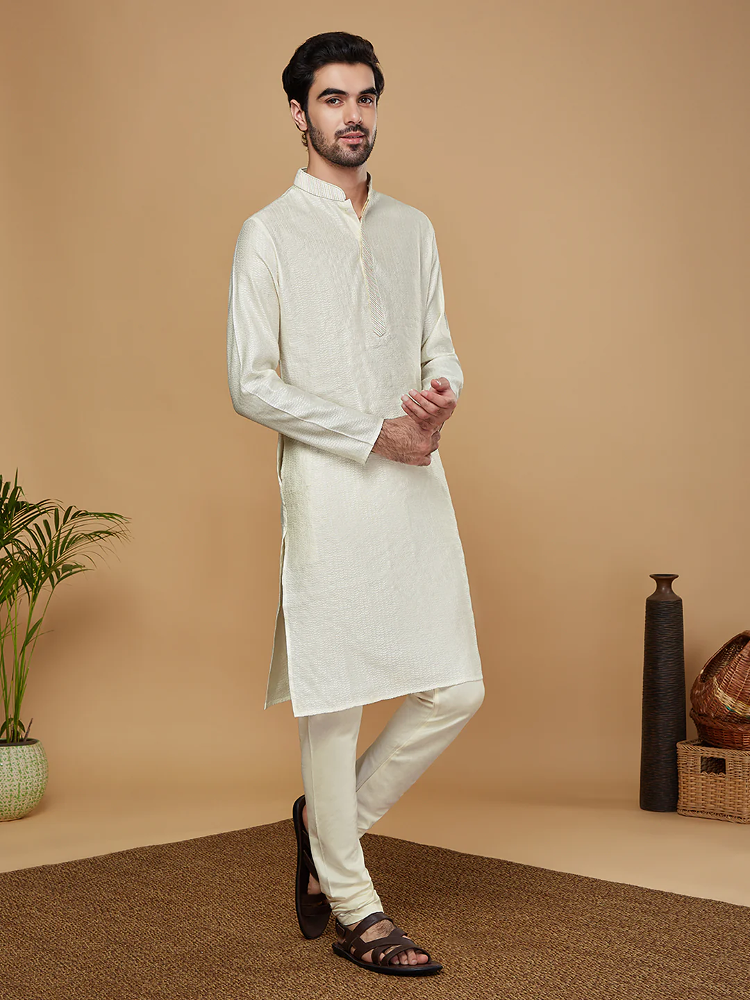 Men Off White Woven Design Thread Work Kurta Churidar Set - Image 3