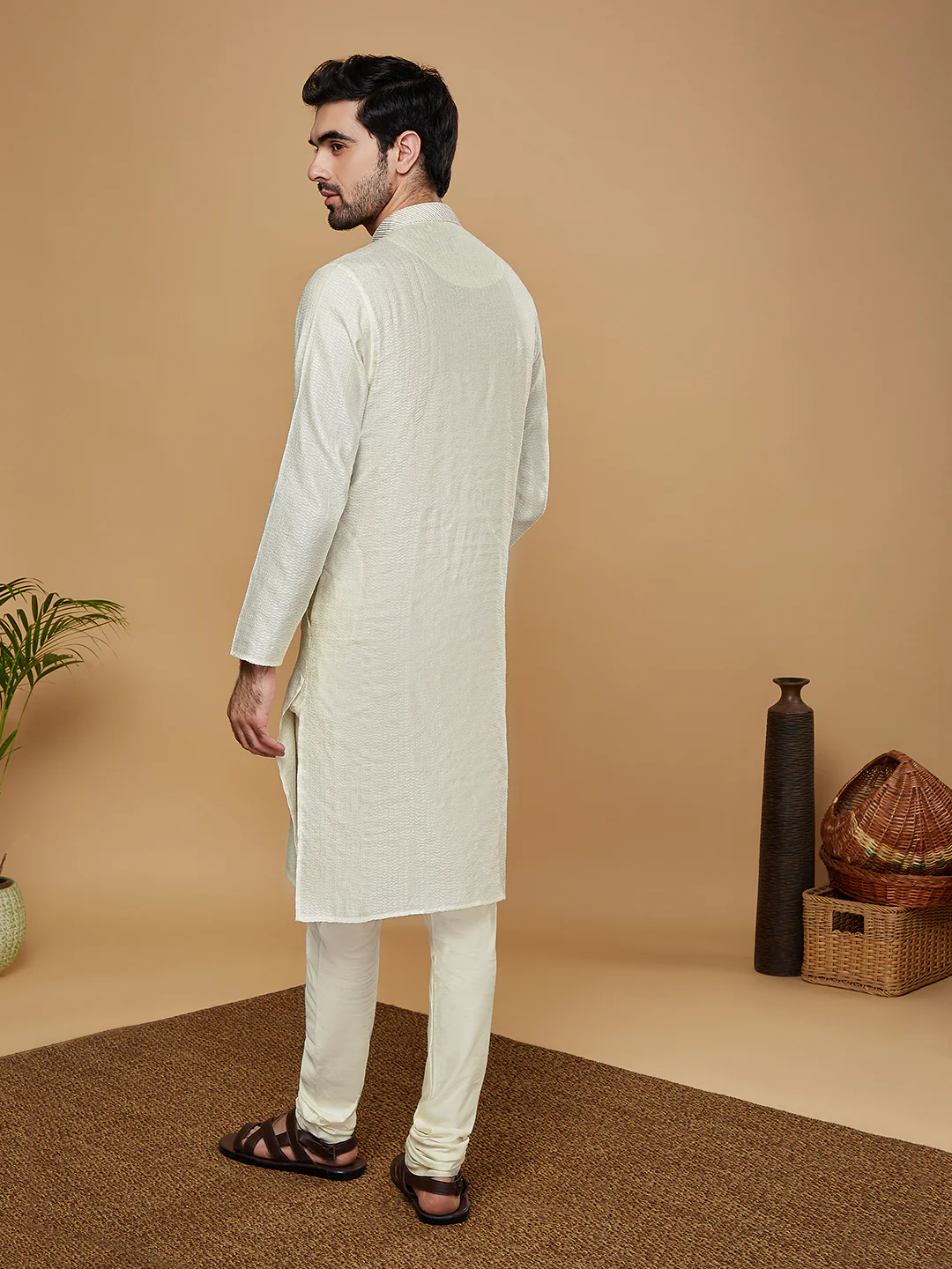 Men Off White Woven Design Thread Work Kurta Churidar Set - Image 4