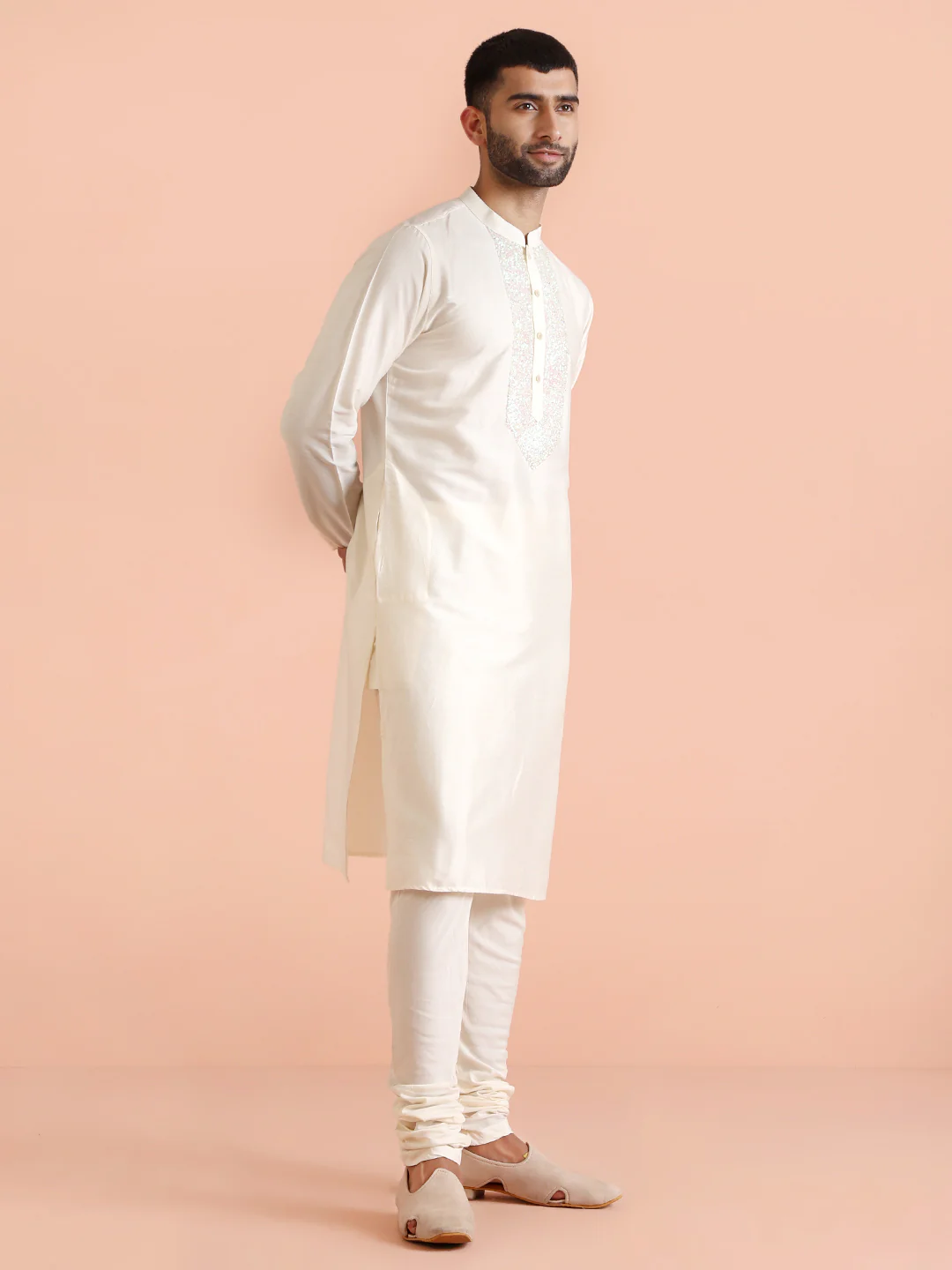 Men Off White Kurta Churidar Set - Image 5