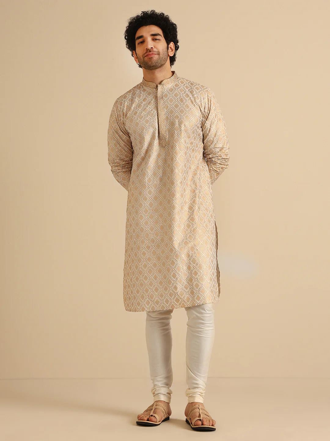 Beige Silk Blend Kurta Set with Intricate Jacquard Woven Pattern and Cream Churidar for Festive & Wedding Ensemble - Image 2