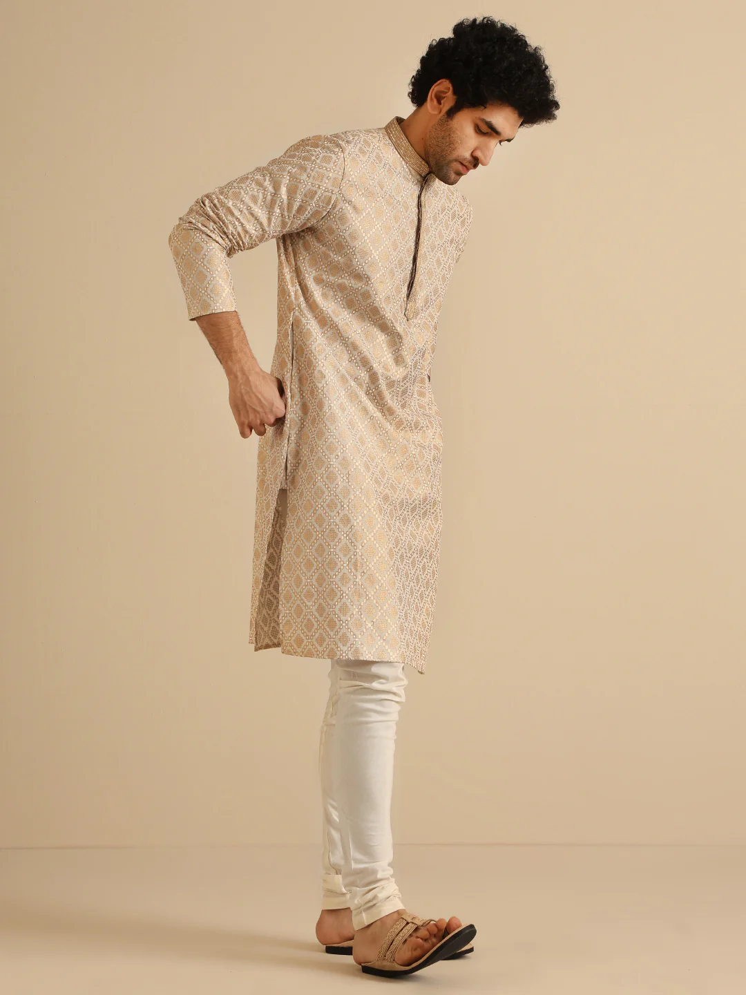 Beige Silk Blend Kurta Set with Intricate Jacquard Woven Pattern and Cream Churidar for Festive & Wedding Ensemble - Image 3