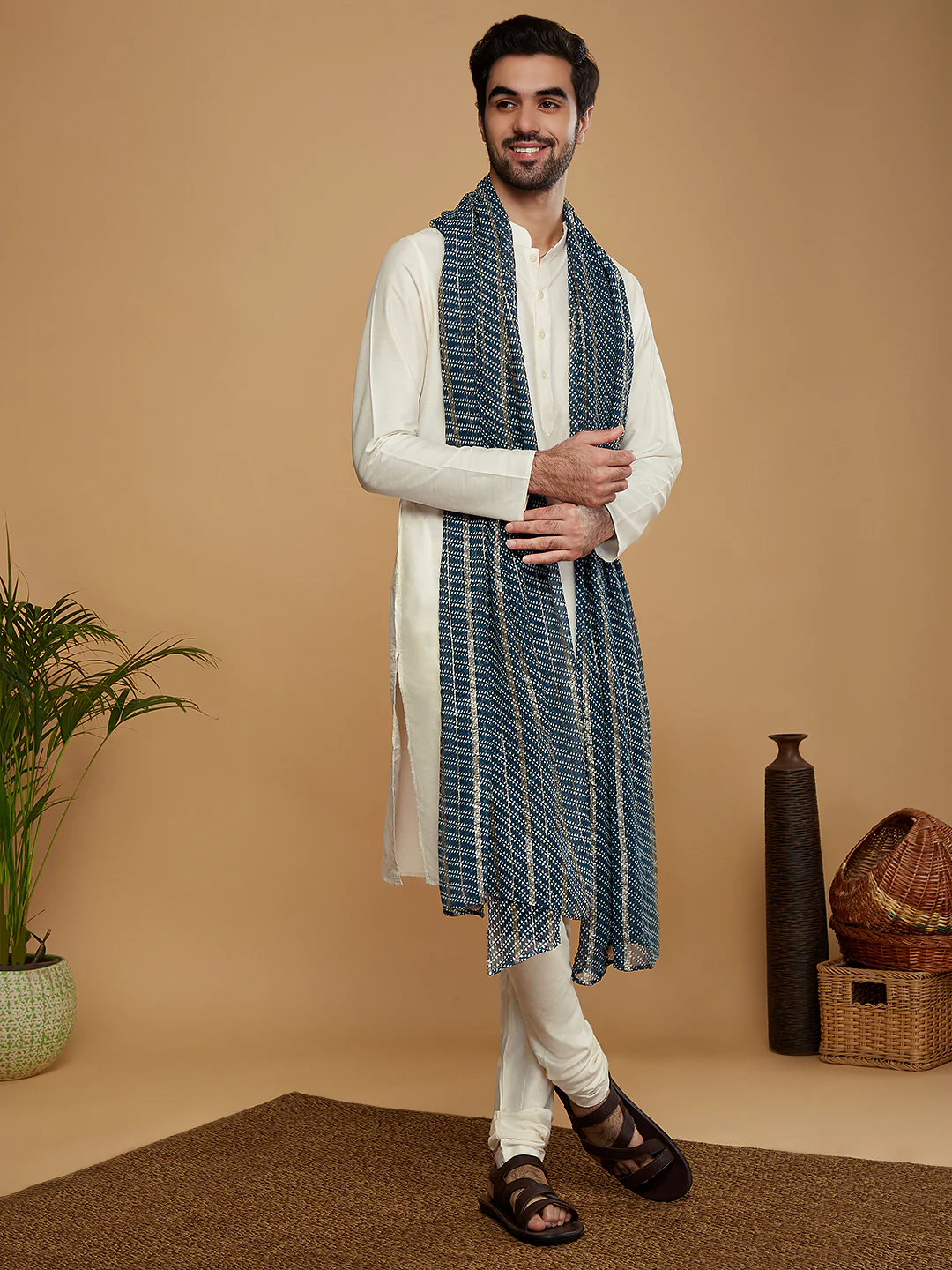 Cream Cotton Kurta Churidar Set with Dupatta - Image 2