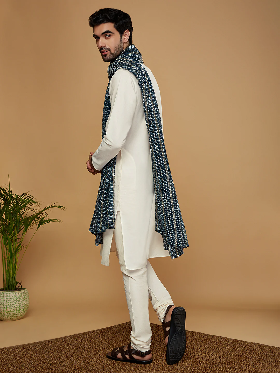 Cream Cotton Kurta Churidar Set with Dupatta - Image 4
