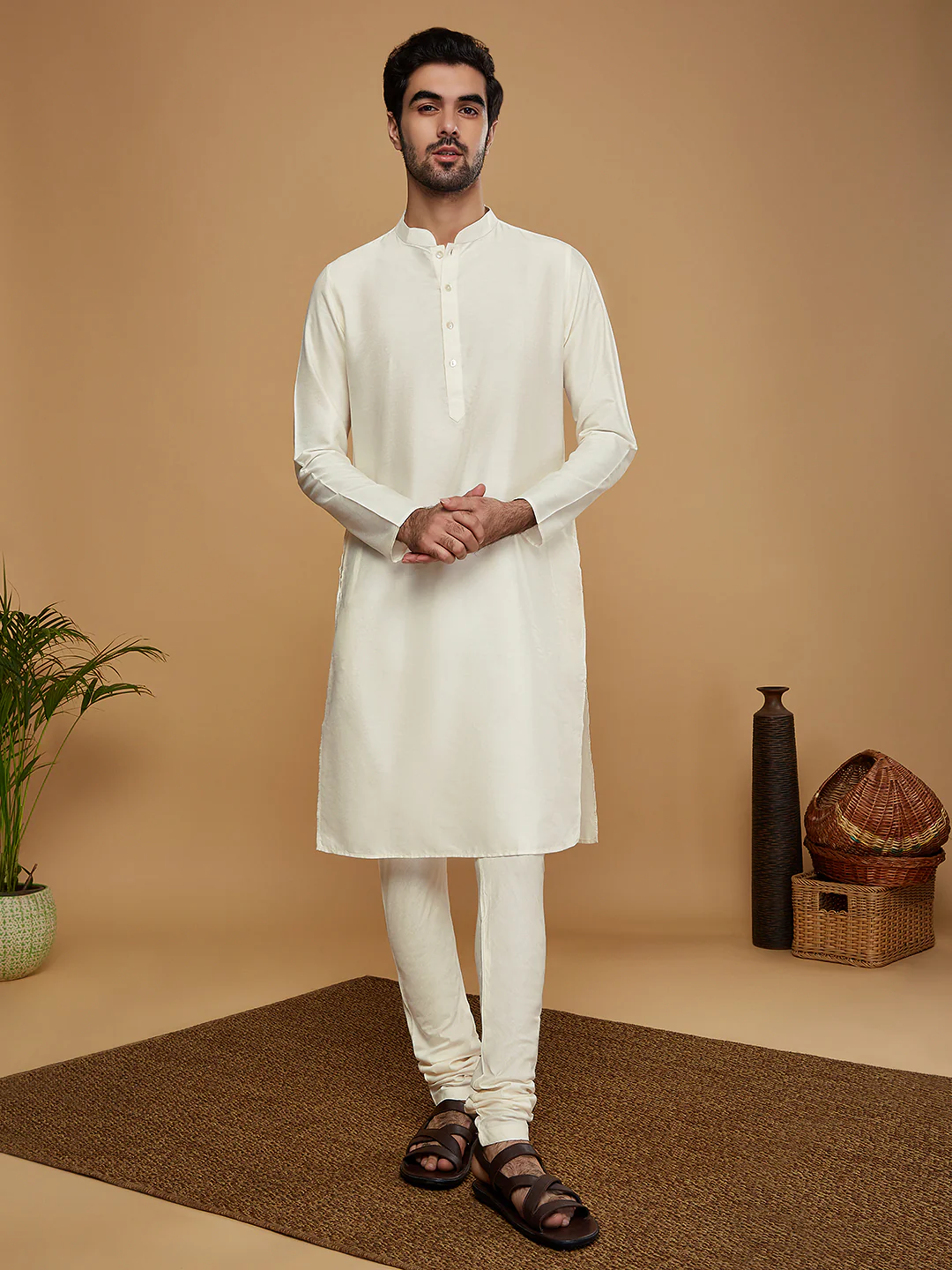Cream Cotton Kurta Churidar Set with Dupatta - Image 6