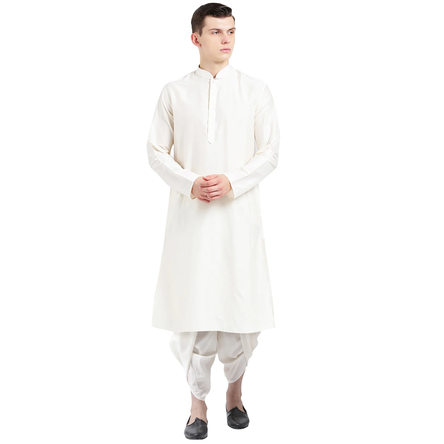 Off White Cotton Silk Solid Kurta Dhoti Set