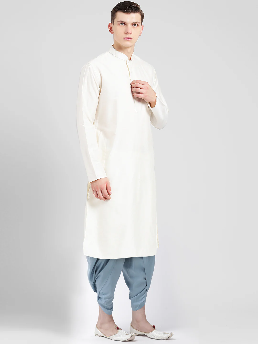 White Silk Blend Kurta Blue Dhoti Set - Image 2