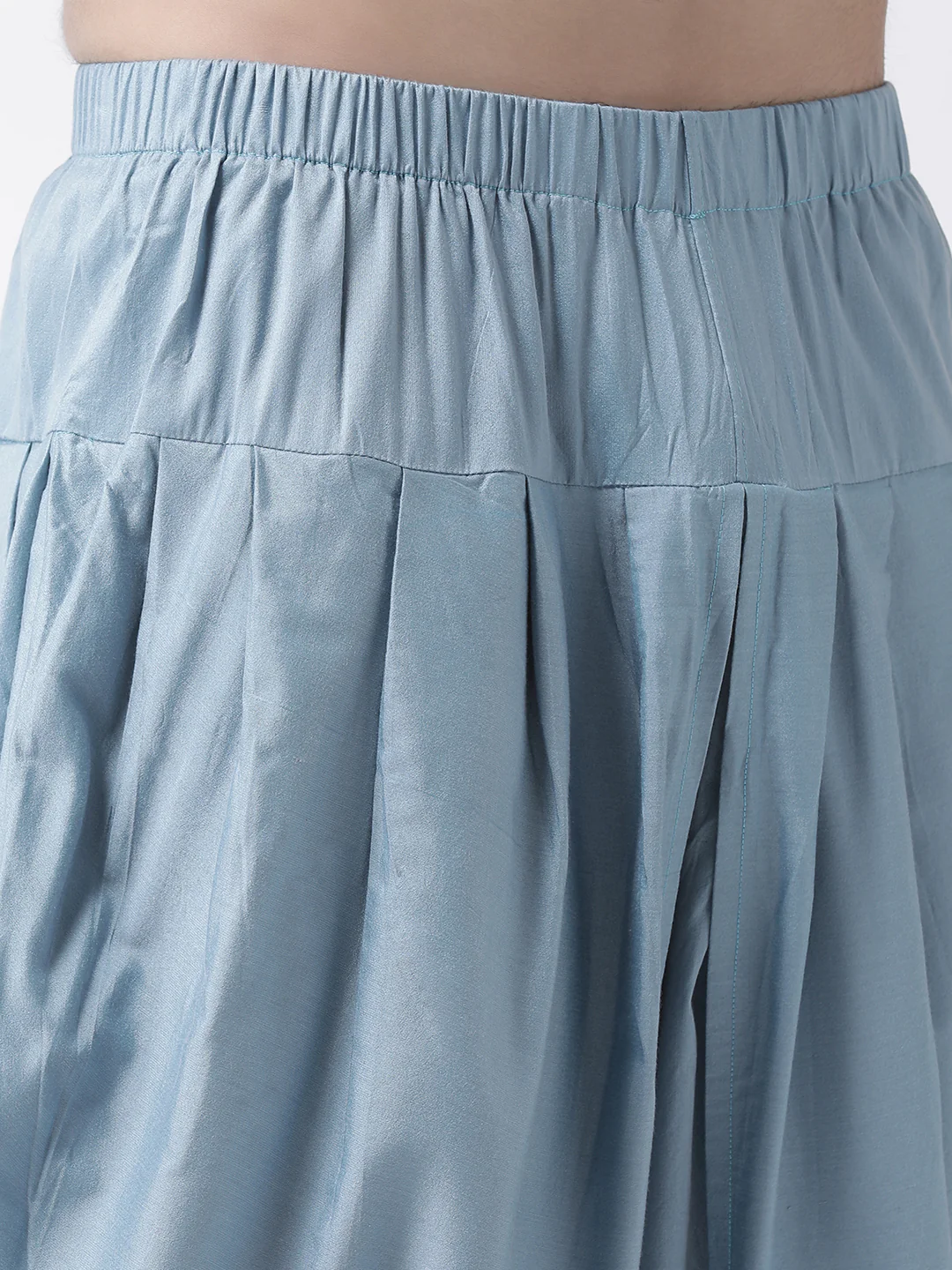 White Silk Blend Kurta Blue Dhoti Set - Image 6