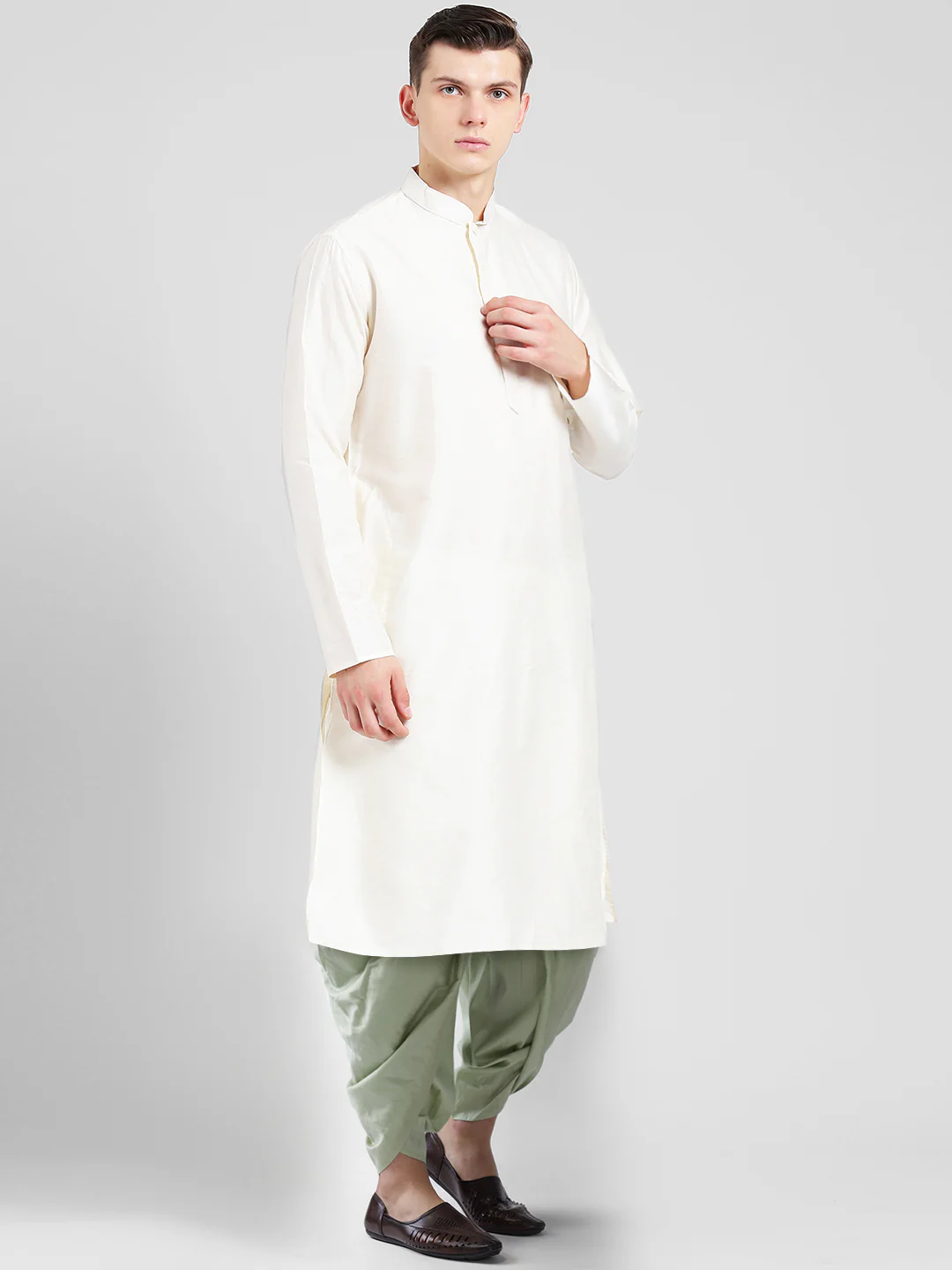 Cream Cotton Silk Kurta Dhoti Set - Image 2