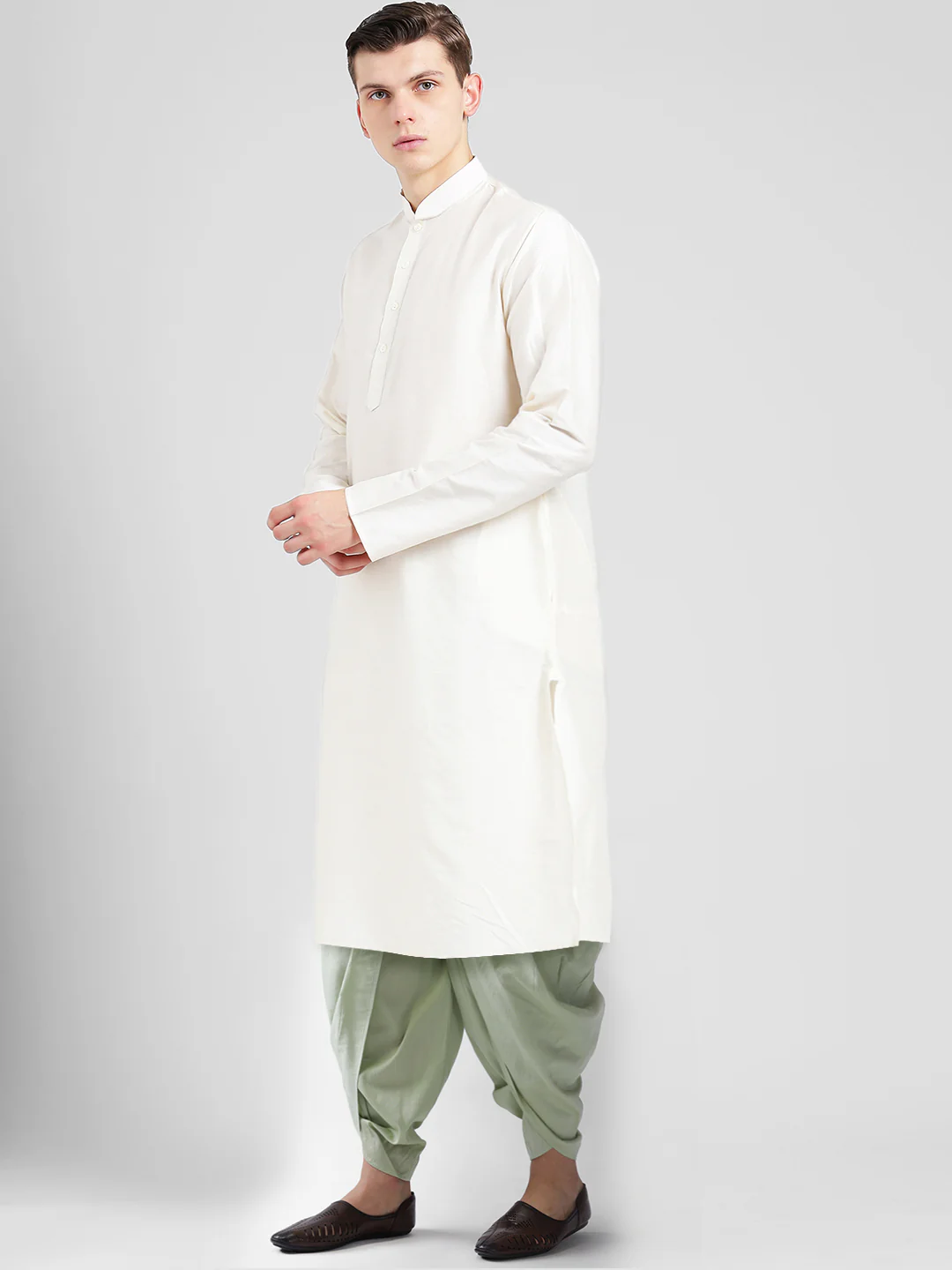 Cream Cotton Silk Kurta Dhoti Set - Image 3
