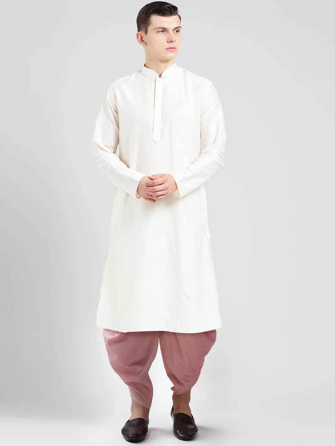 White Cotton Silk Kurta with Pink Dhoti Set