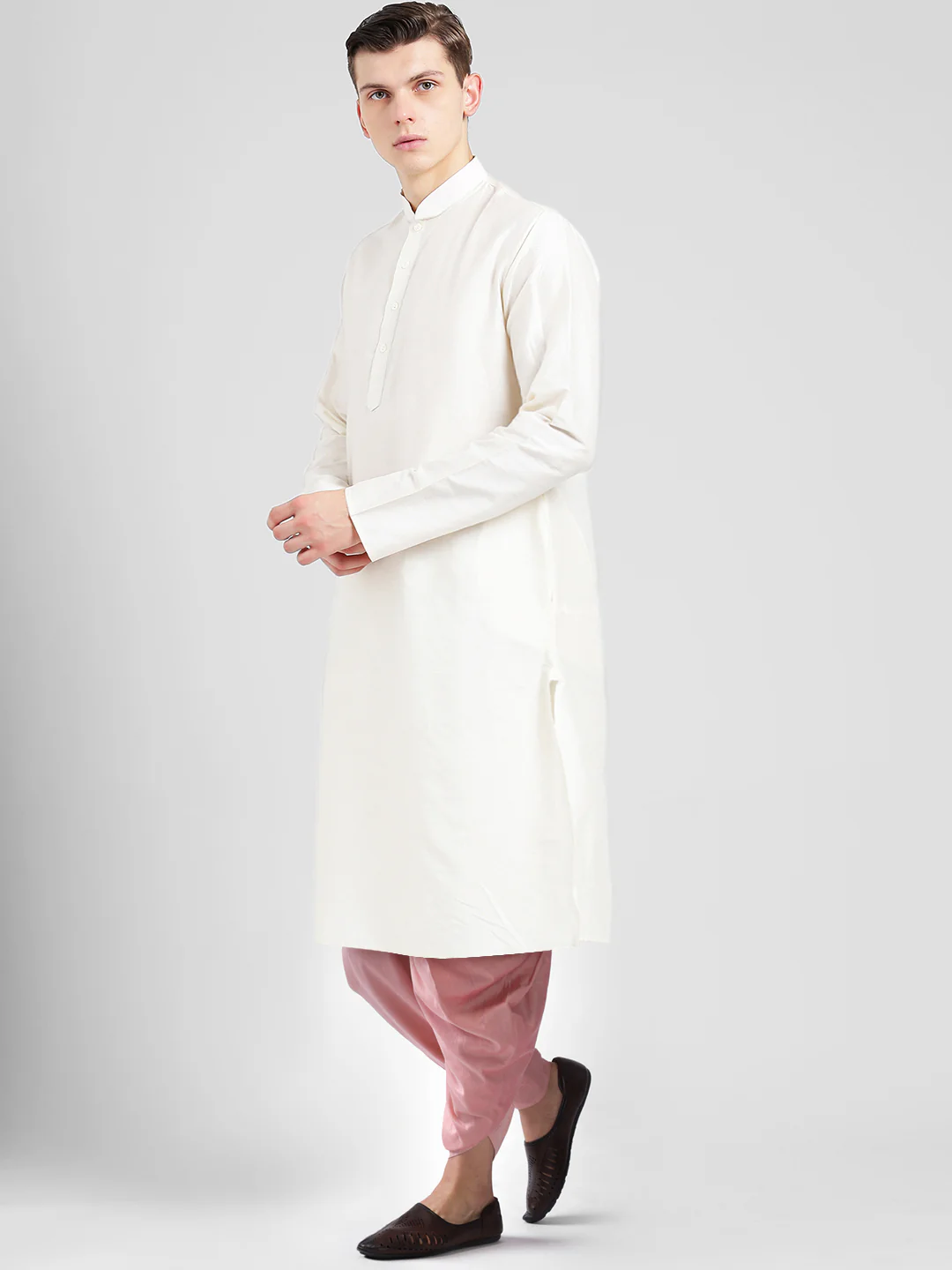 White Cotton Silk Kurta with Pink Dhoti Set - Image 3