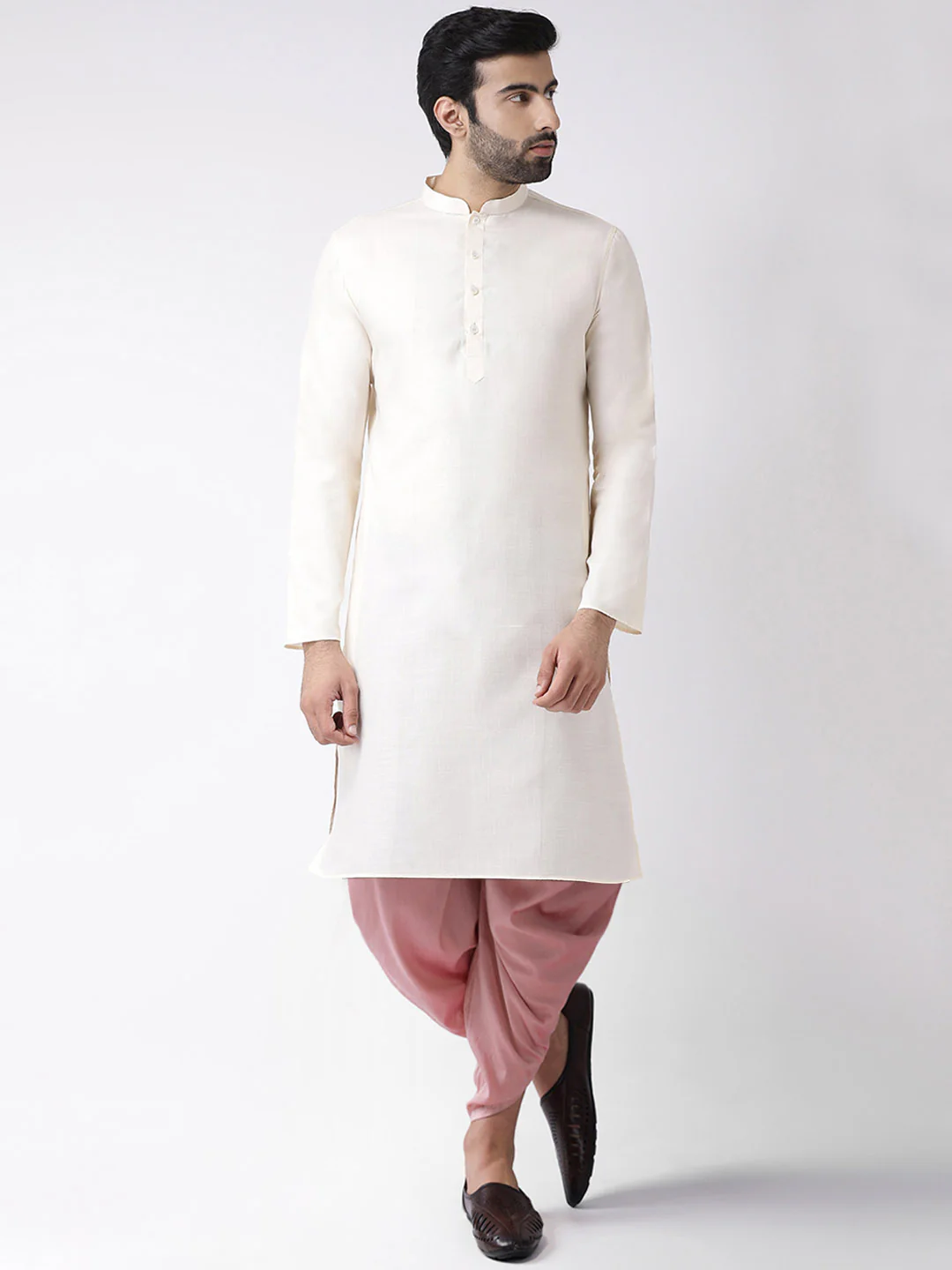 Cream Cotton Silk Kurta with Pink Dhoti