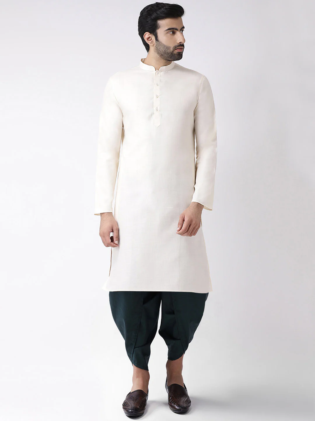 Men Off White Kurta Dhoti Set