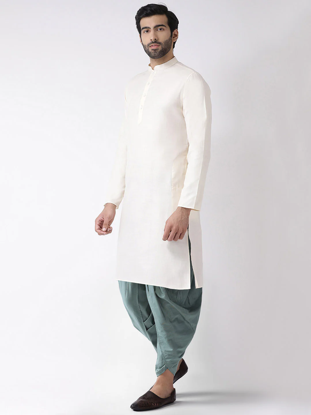 Men Off White Kurta Dhoti Set - Image 2