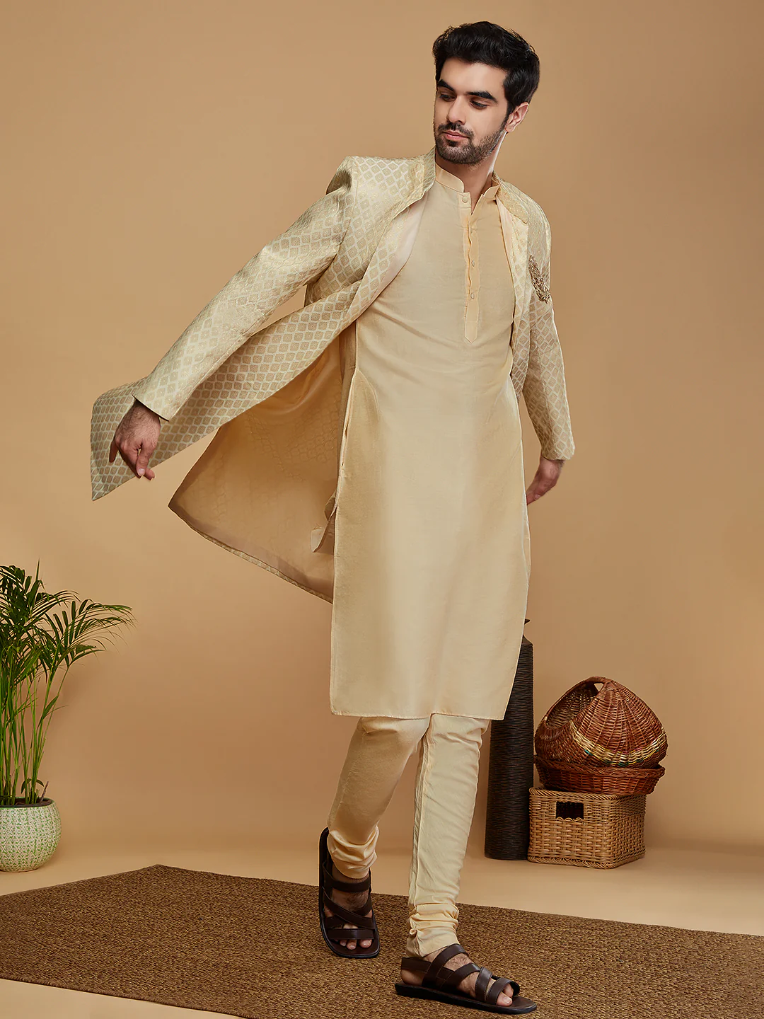 Men Off White Kurta Indowestern Churidar Set - Image 2