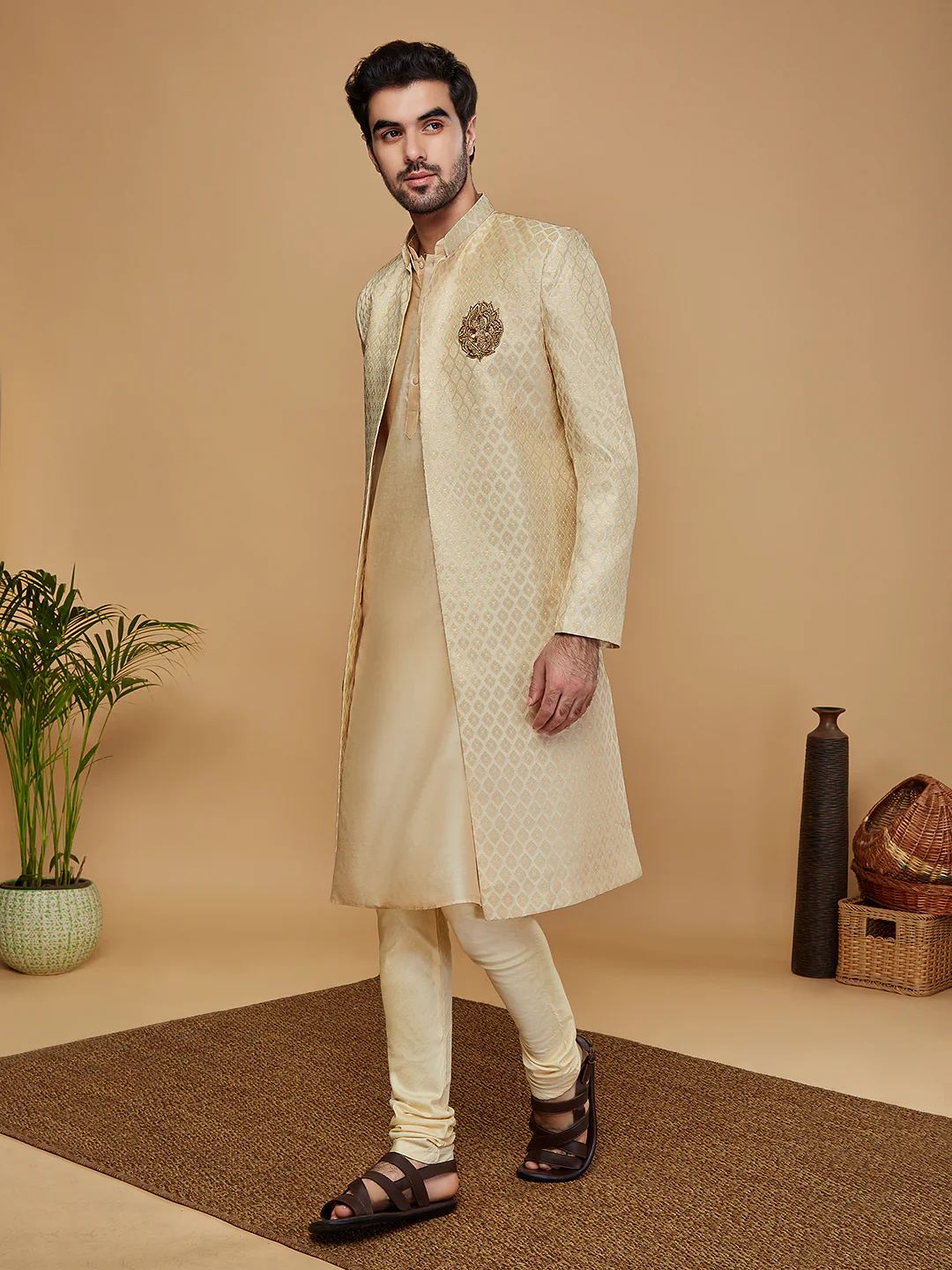 Men Off White Kurta Indowestern Churidar Set - Image 3