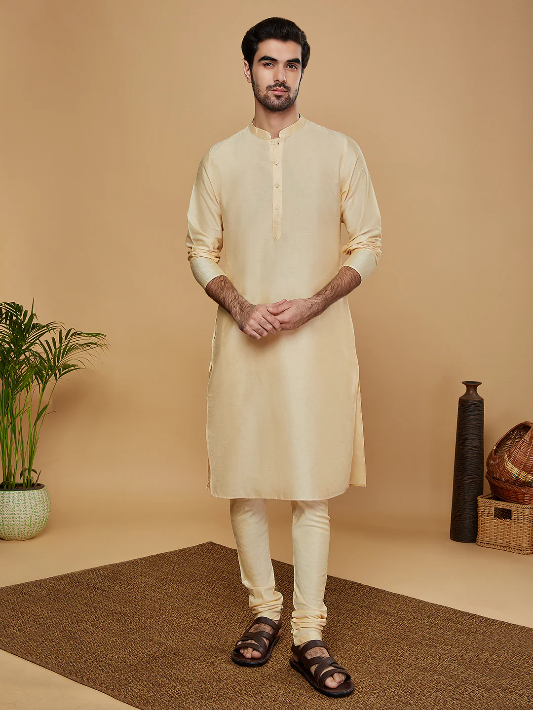 Men Off White Kurta Indowestern Churidar Set - Image 7