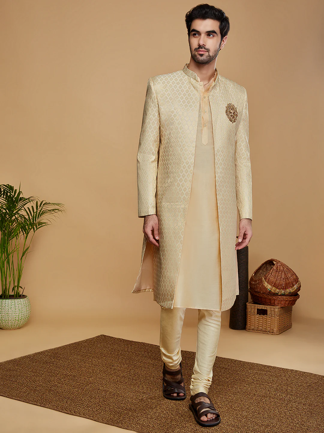 Men Off White Kurta Indowestern Churidar Set - Image 9