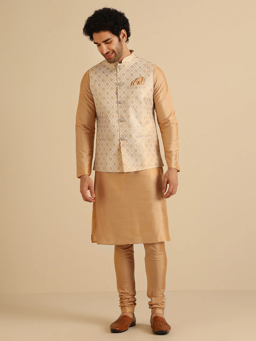 Gold Silk Blend Textured Nehru Jacket Kurta Churidar