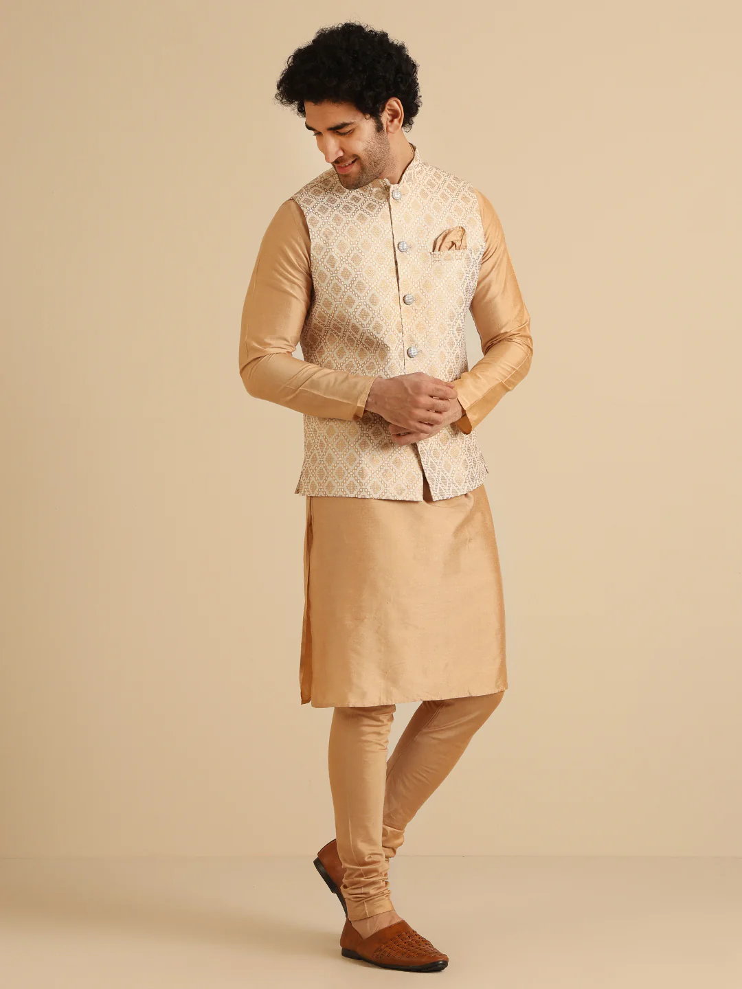 Gold Silk Blend Textured Nehru Jacket Kurta Churidar - Image 3