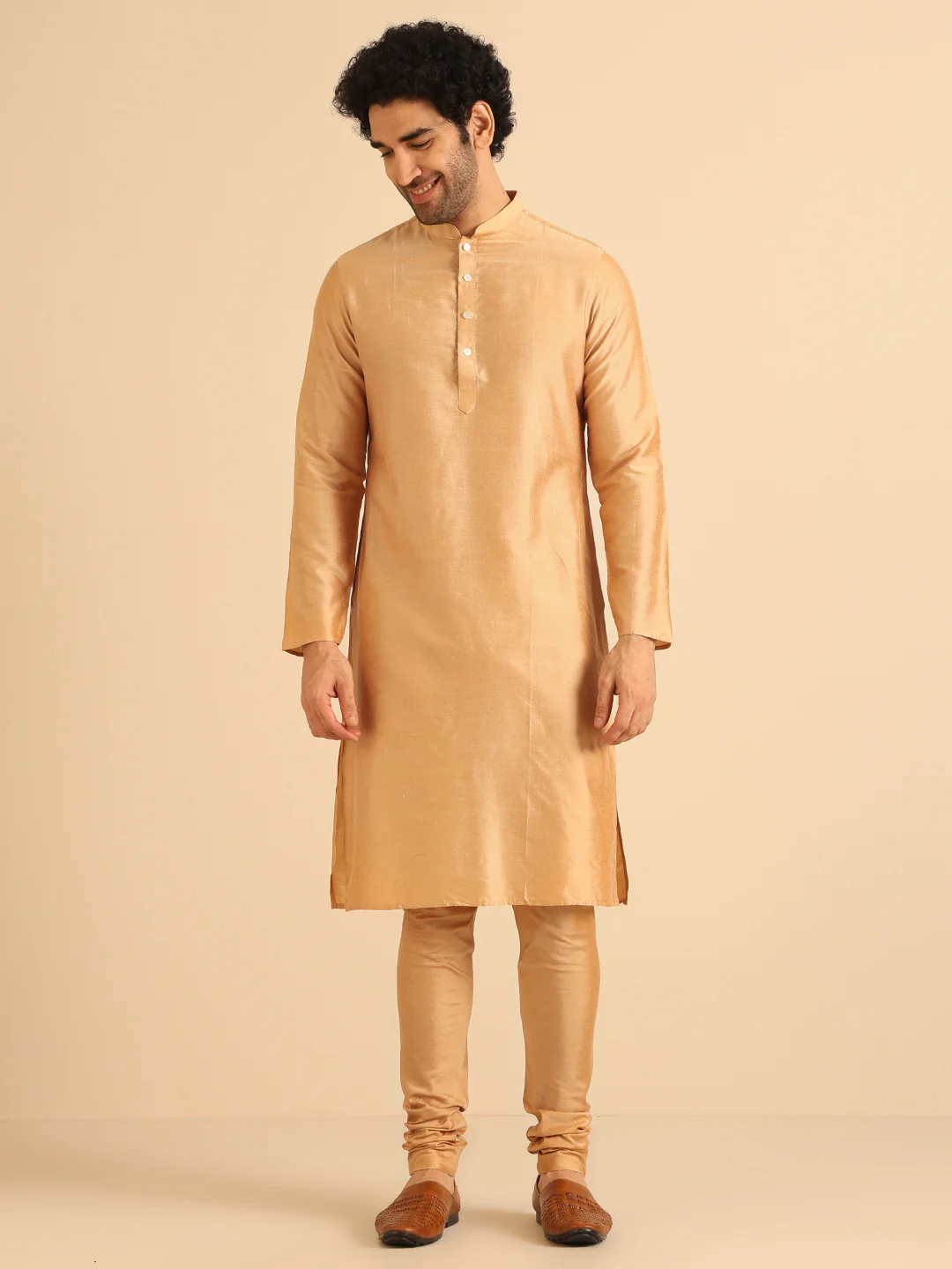 Gold Silk Blend Textured Nehru Jacket Kurta Churidar - Image 5