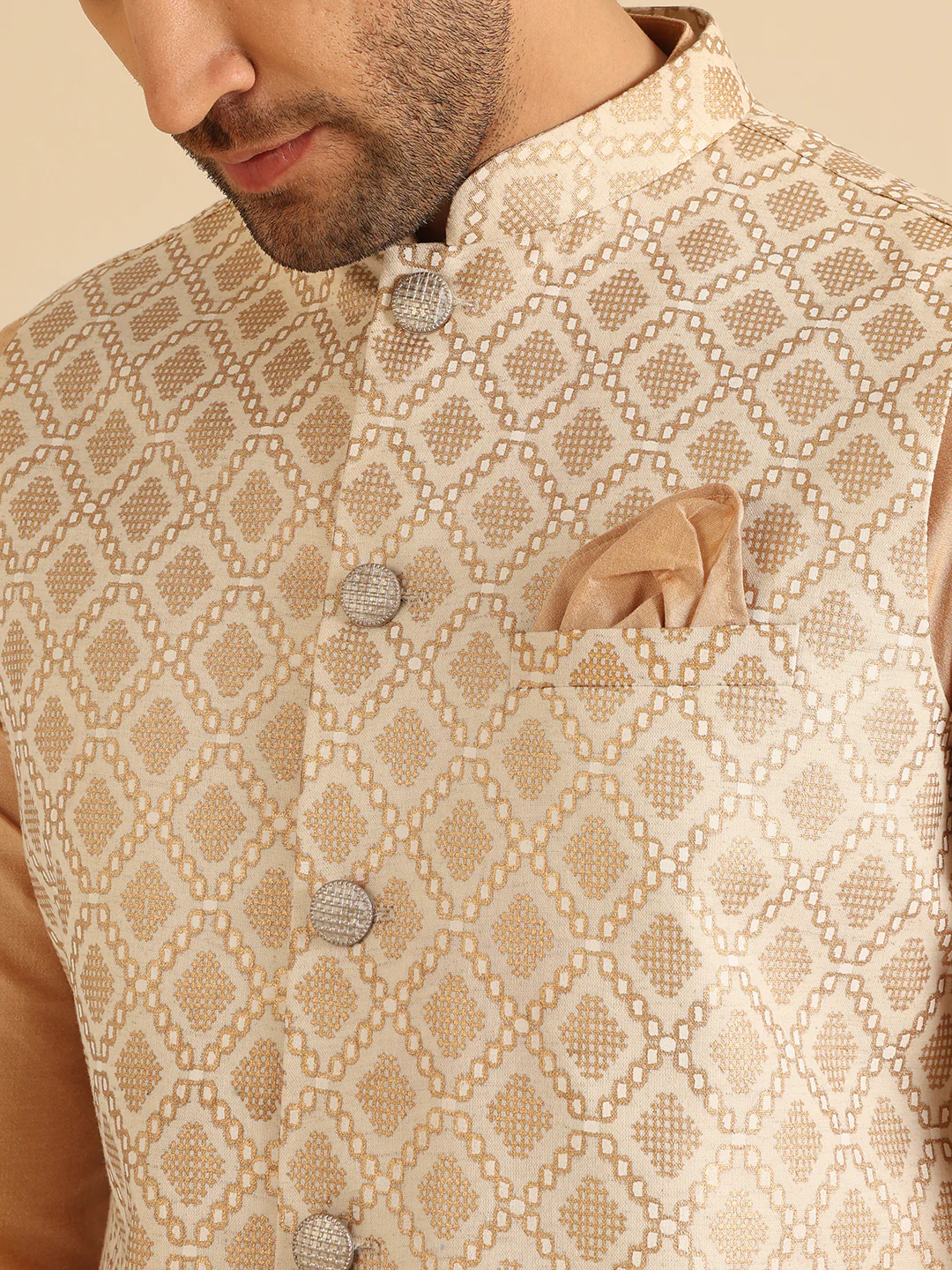 Gold Silk Blend Textured Nehru Jacket Kurta Churidar - Image 6