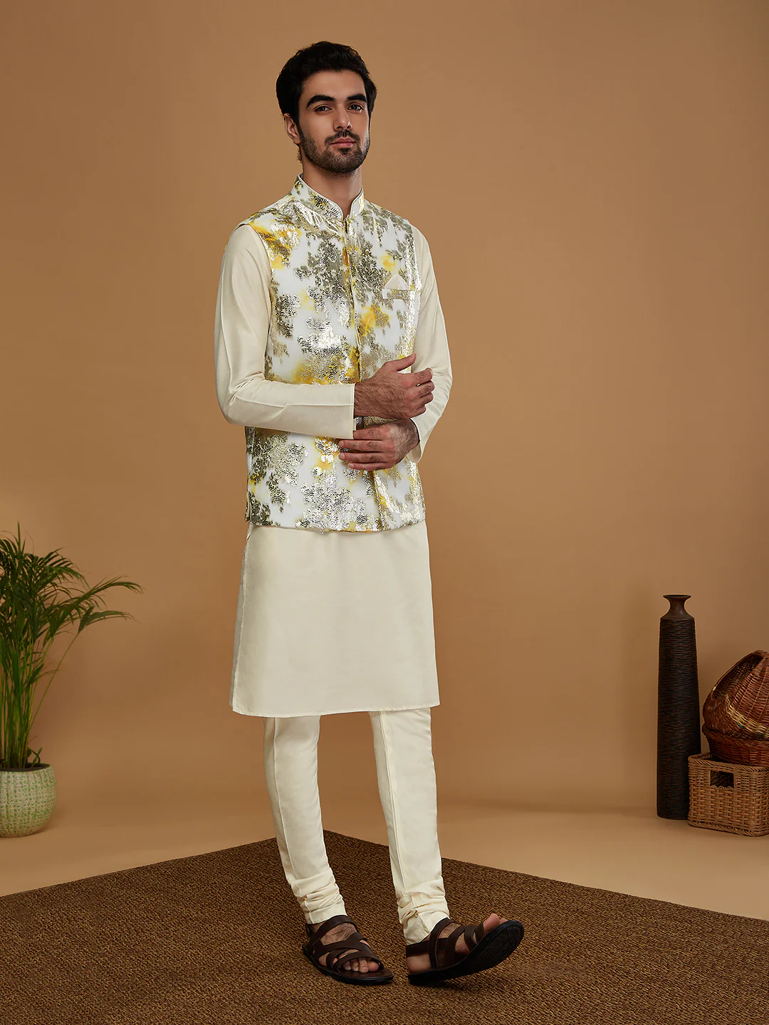 Men Off White Kurta Jacket Churidar Set - Image 2