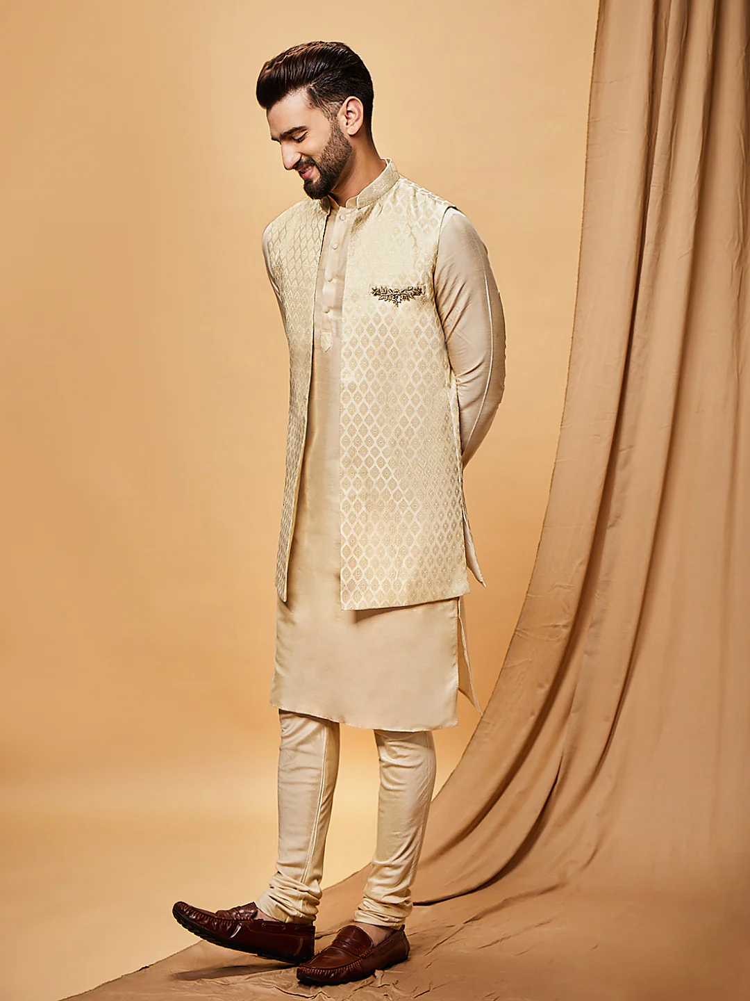 Beige Silk Blend Jacquard Jacket Set with Kurta & Churidar - Image 4