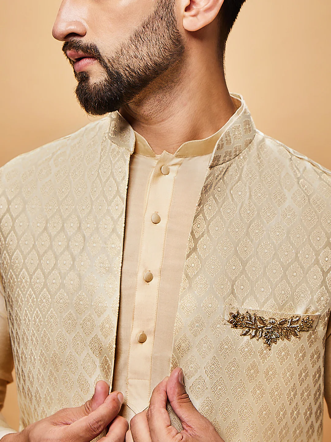 Beige Silk Blend Jacquard Jacket Set with Kurta & Churidar - Image 5