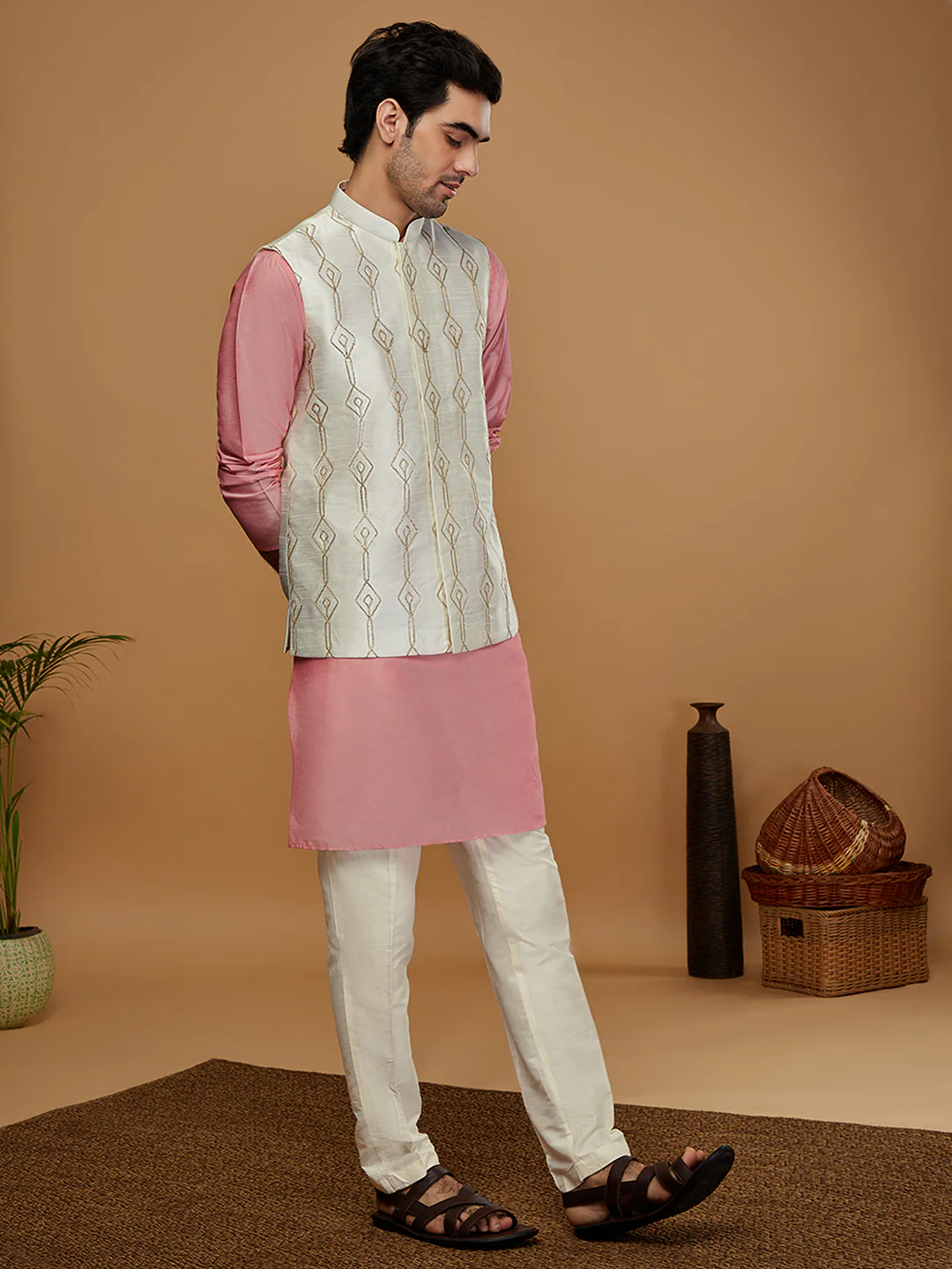 Kisah Men Off White Kurta Jacket Trouser Set - Image 2