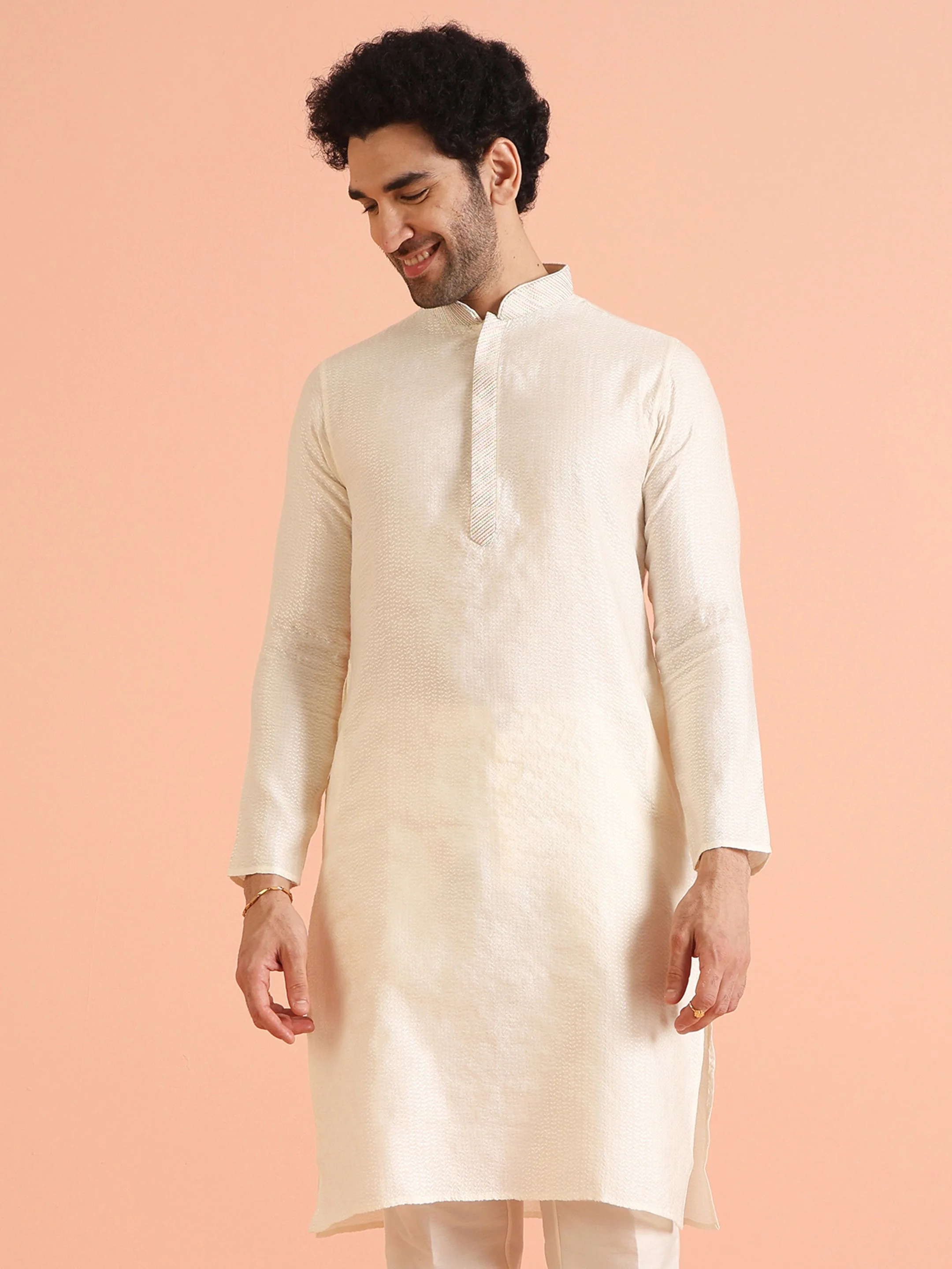Cream Silk Blend Textured Kurta with Mandarin Collar - Image 14