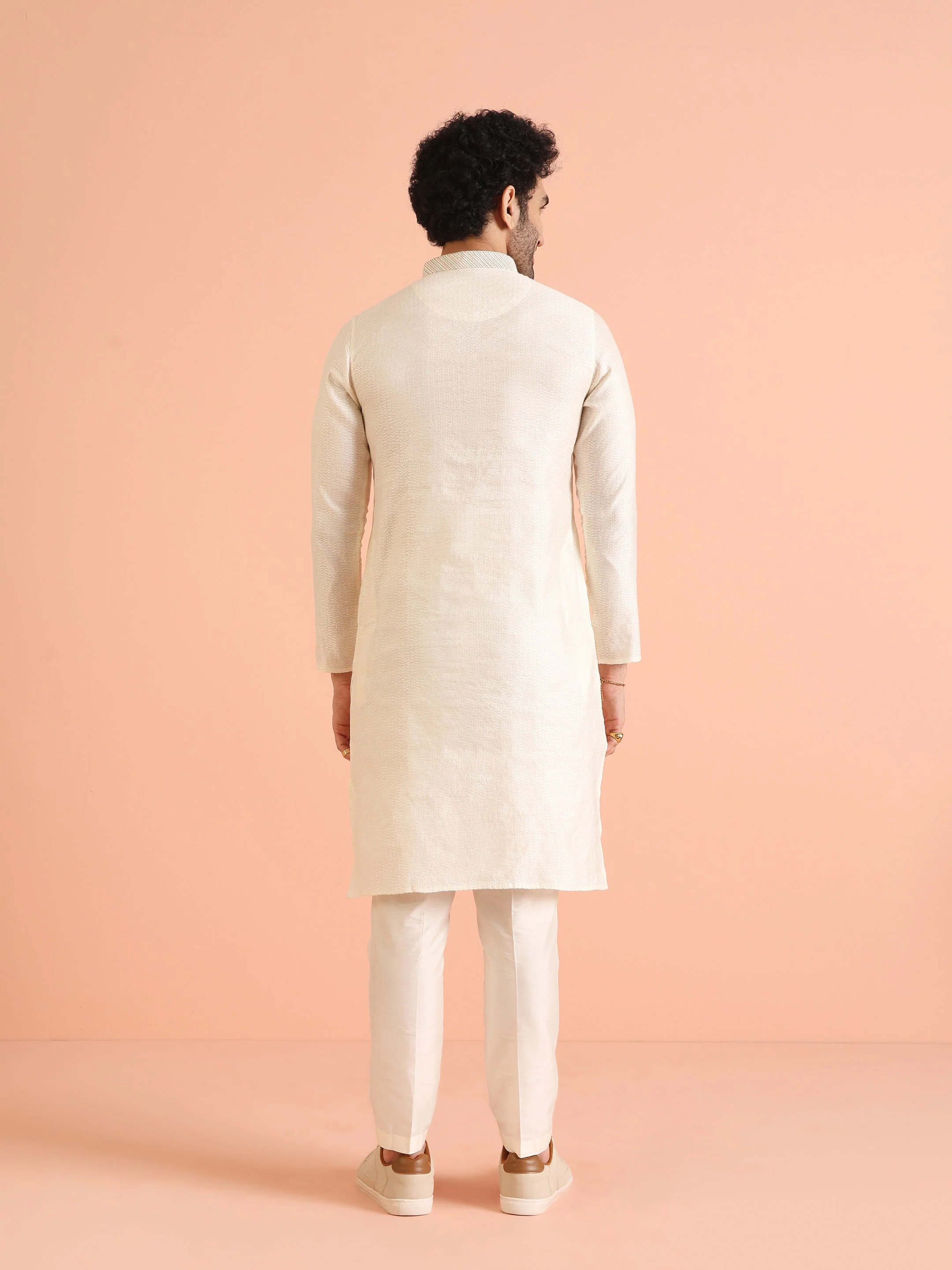 Cream Silk Blend Textured Kurta with Mandarin Collar - Image 18