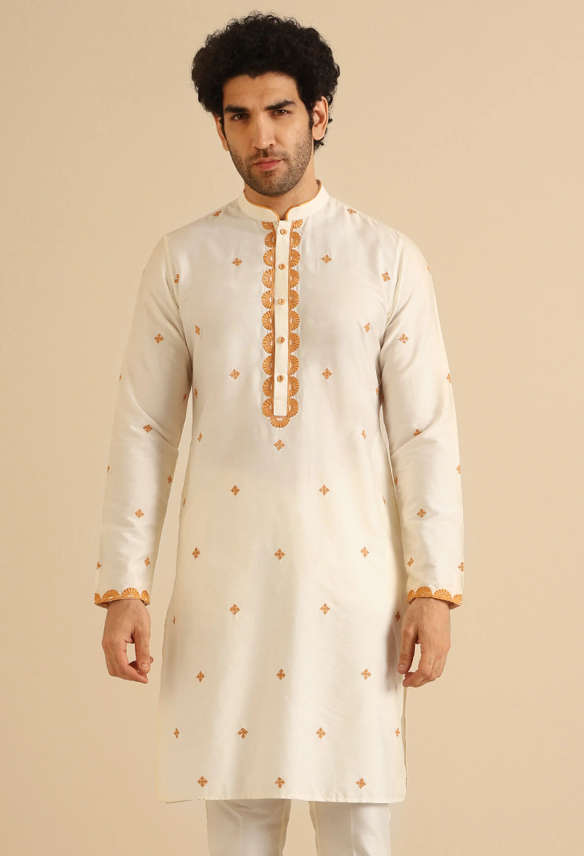 Cream Silk Blend Golden Embroidered Kurta