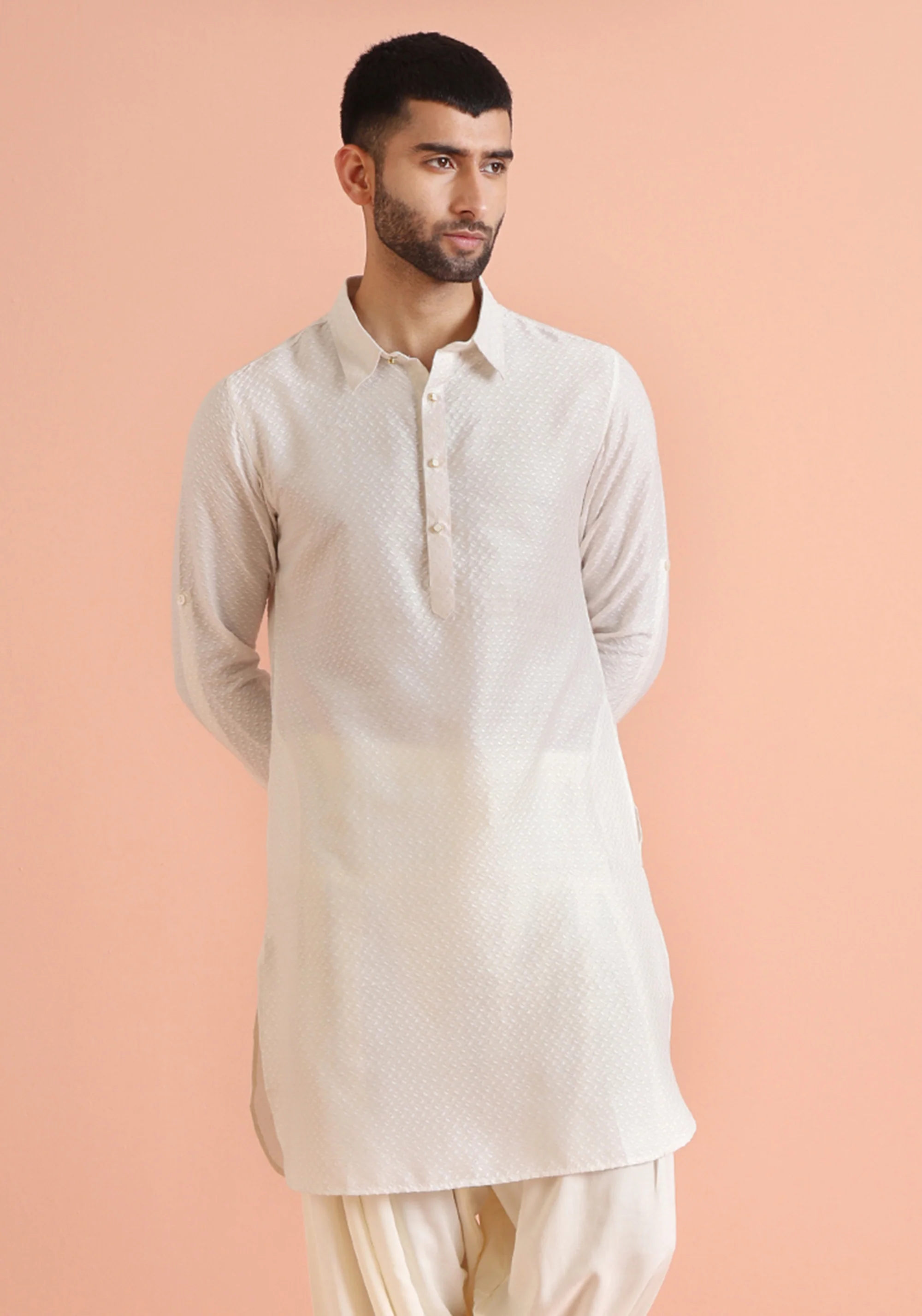 Cream Jacquard Textured Pathani Kurta