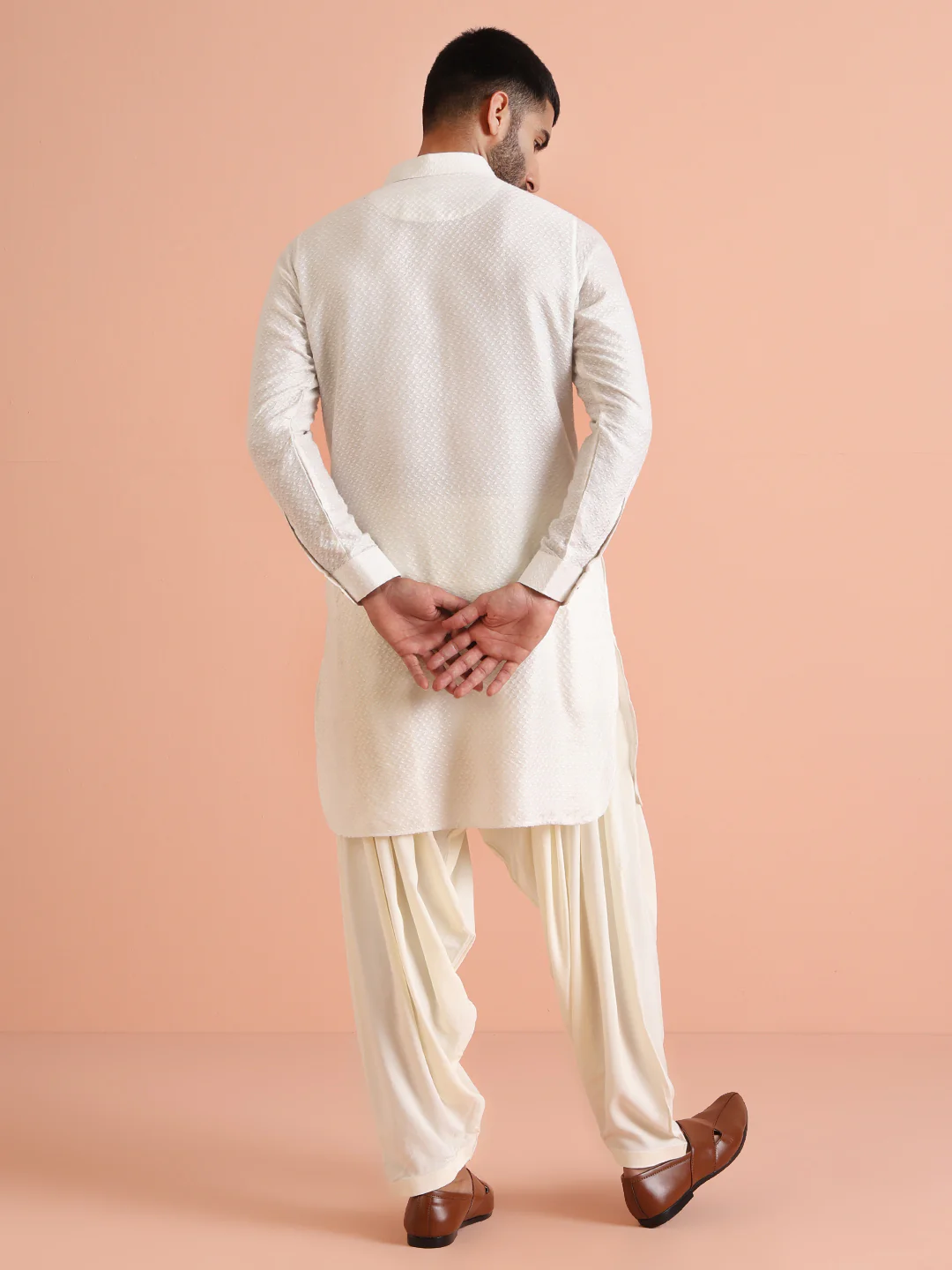 Cream Jacquard Textured Pathani Kurta - Image 4