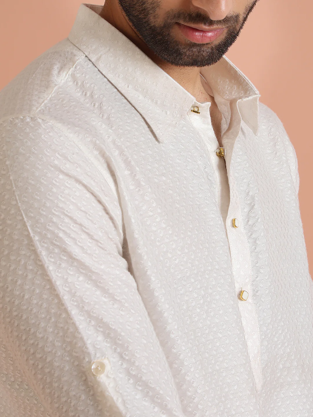 Cream Jacquard Textured Pathani Kurta - Image 5